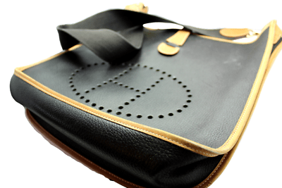 Authentic! Hermes Evelyne Black + Brown Trim Leather GM Handbag Purse