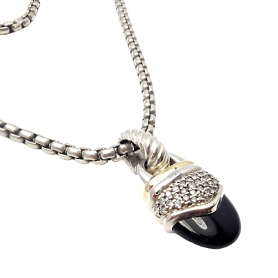 David Yurman 18k Yellow Gold Silver Onyx Diamond Acorn Pendant Chain Necklace