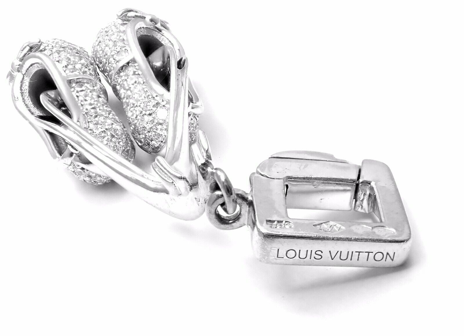 Rare! Authentic Louis Vuitton 18K White Gold Diamond Ballet Shoes Charm Pendant