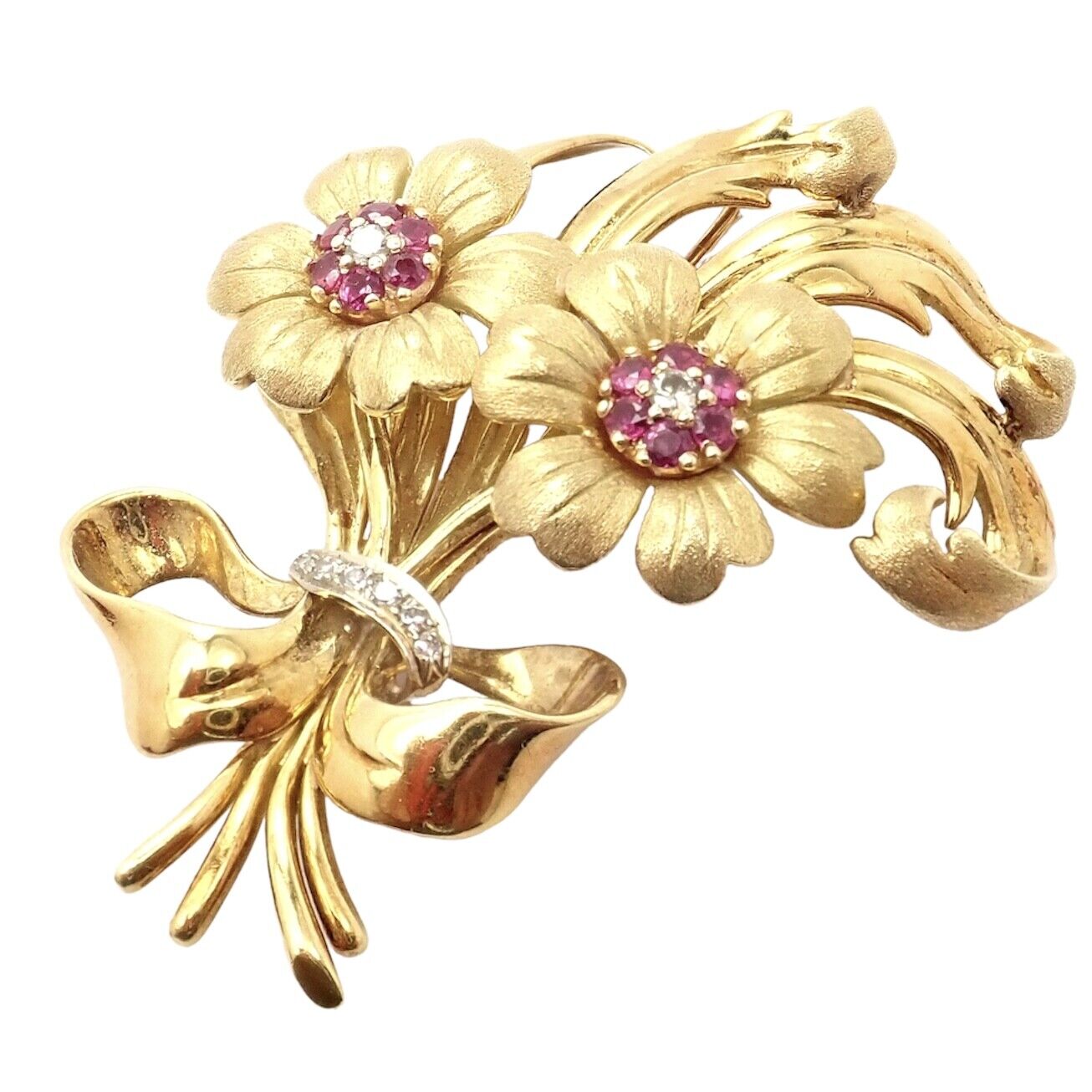 Authentic Vintage Cartier 18k Yellow Gold Ruby Diamond Flower