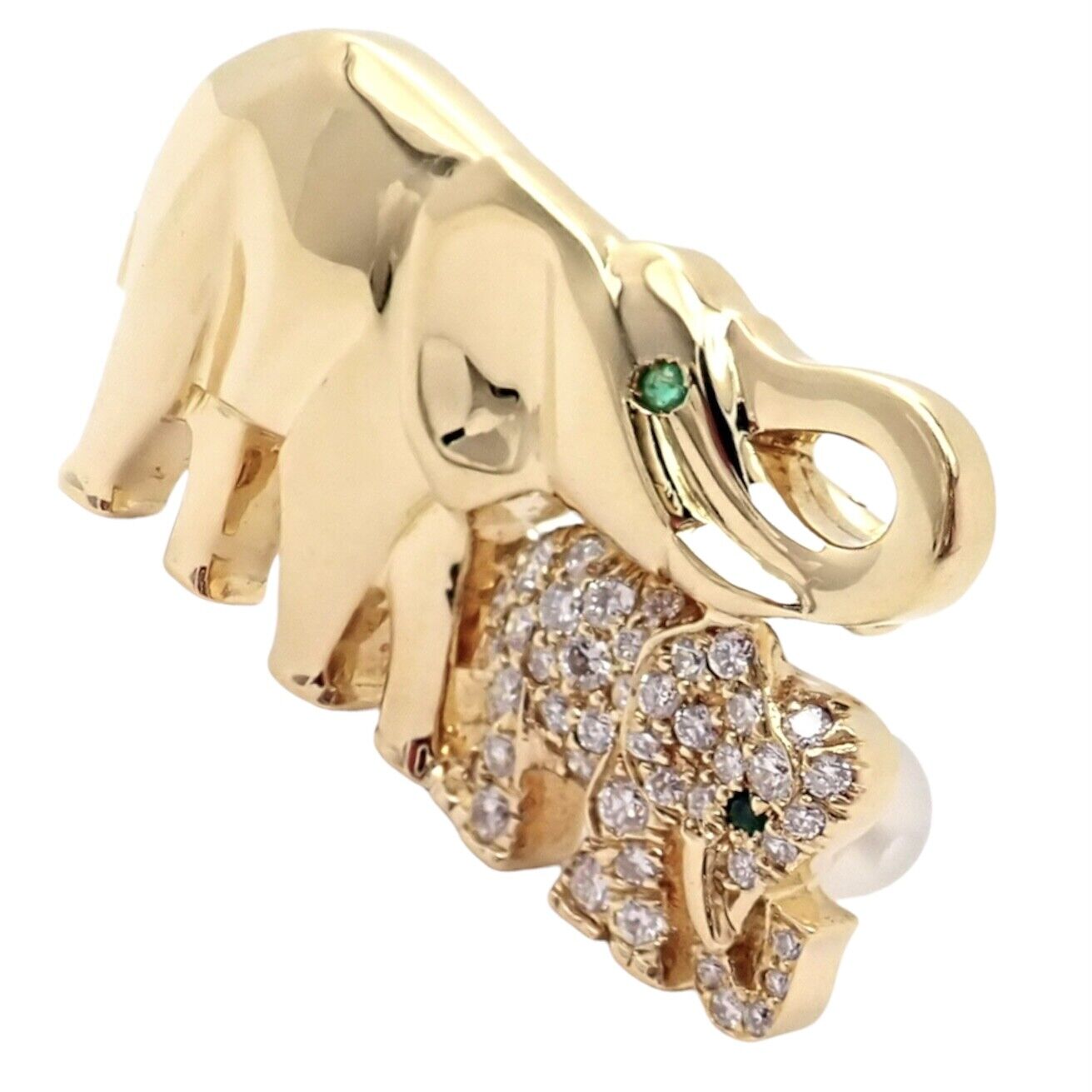 Authentic Cartier 18k Yellow Gold Mother Child Elephant Diamond Brooch Pin