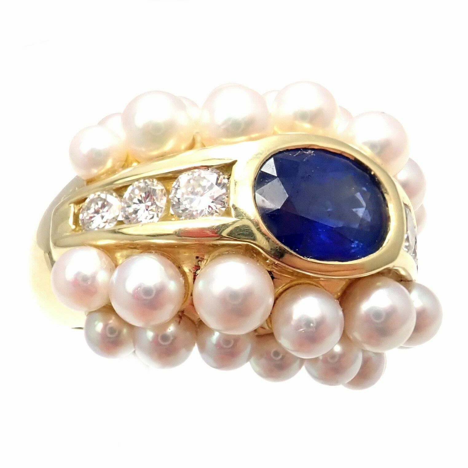 Mikimoto Jewelry & Watches:Fine Jewelry:Rings Rare! Mikimoto 18k Yellow Gold Ceylon Sapphire 0.50ctw Diamond Pearl Ring sz 5