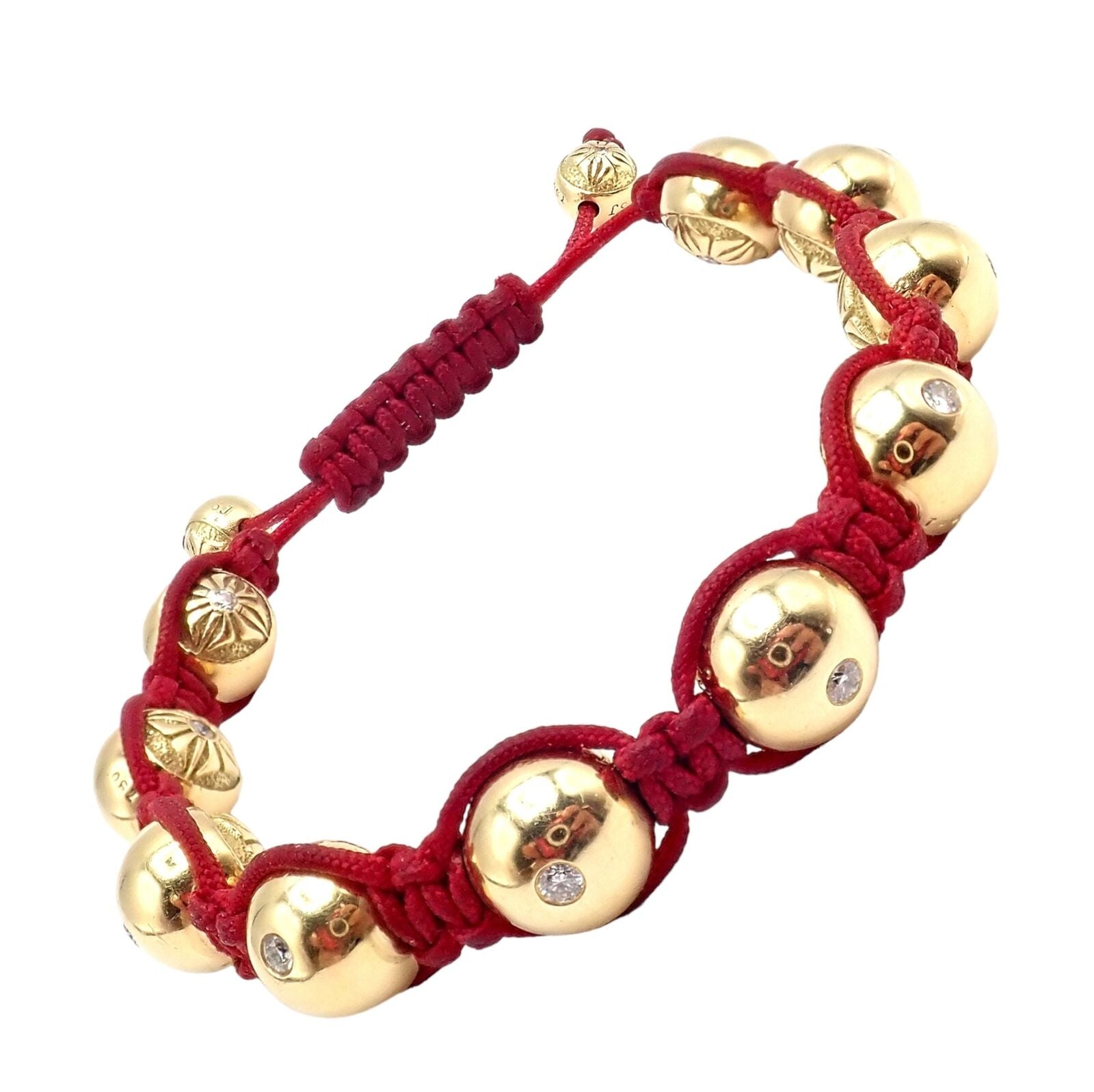 Authentic! Shamballa Jewels 18k Yellow Gold Bead Diamond Lucky Red Cord Bracelet | Fortrove