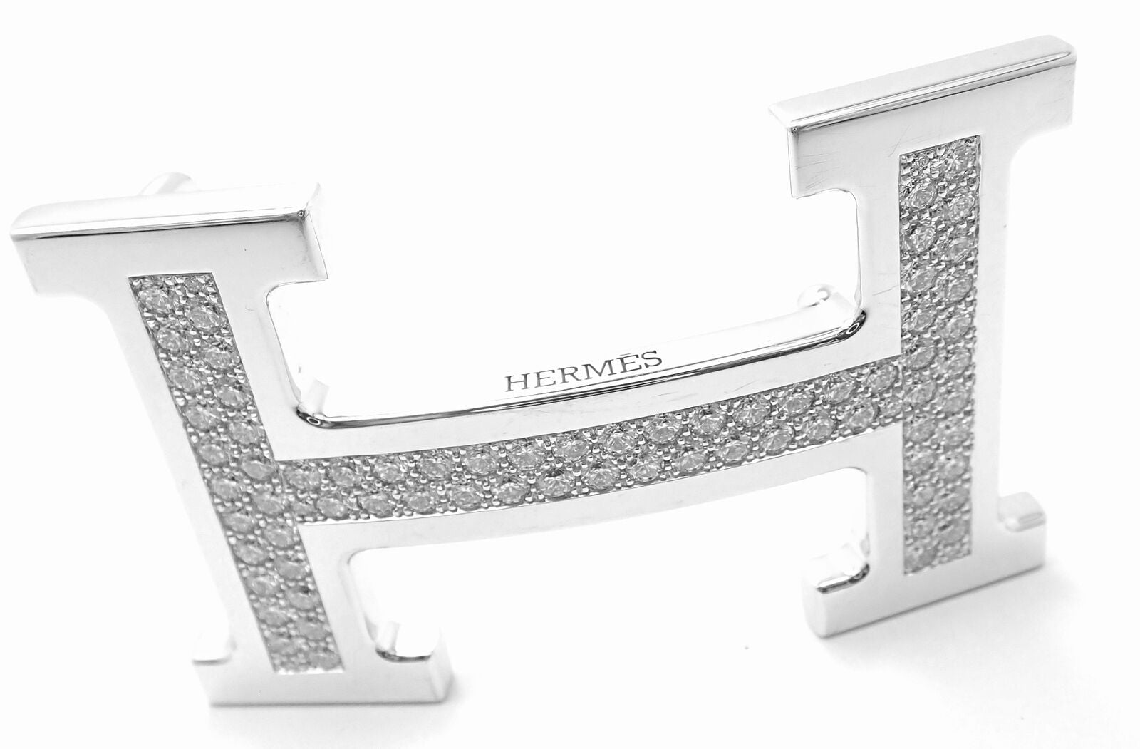 Authentic! Hermes 18k White Gold 3.79ct Diamond Large H Buckle & Reversible  Belt