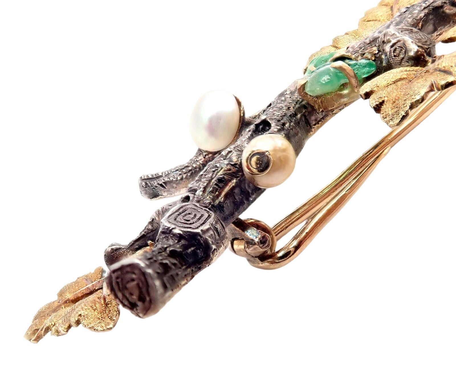 Buccellati Jewelry & Watches:Fine Jewelry:Brooches & Pins Vintage Buccellati 18k White Yellow Gold Carved Emerald Branch Twig Brooch Pin