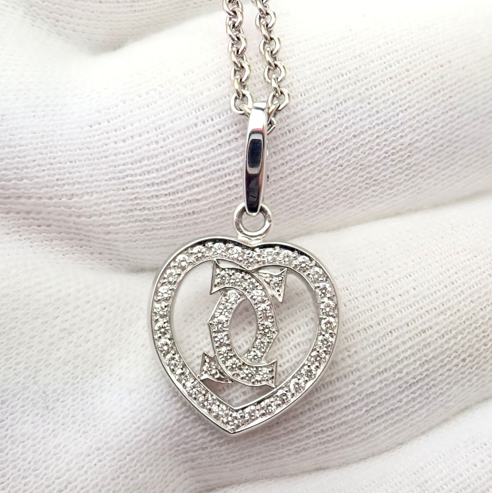 Authentic! Cartier Double C Heart 18K White Gold Diamond Pendant Necklace