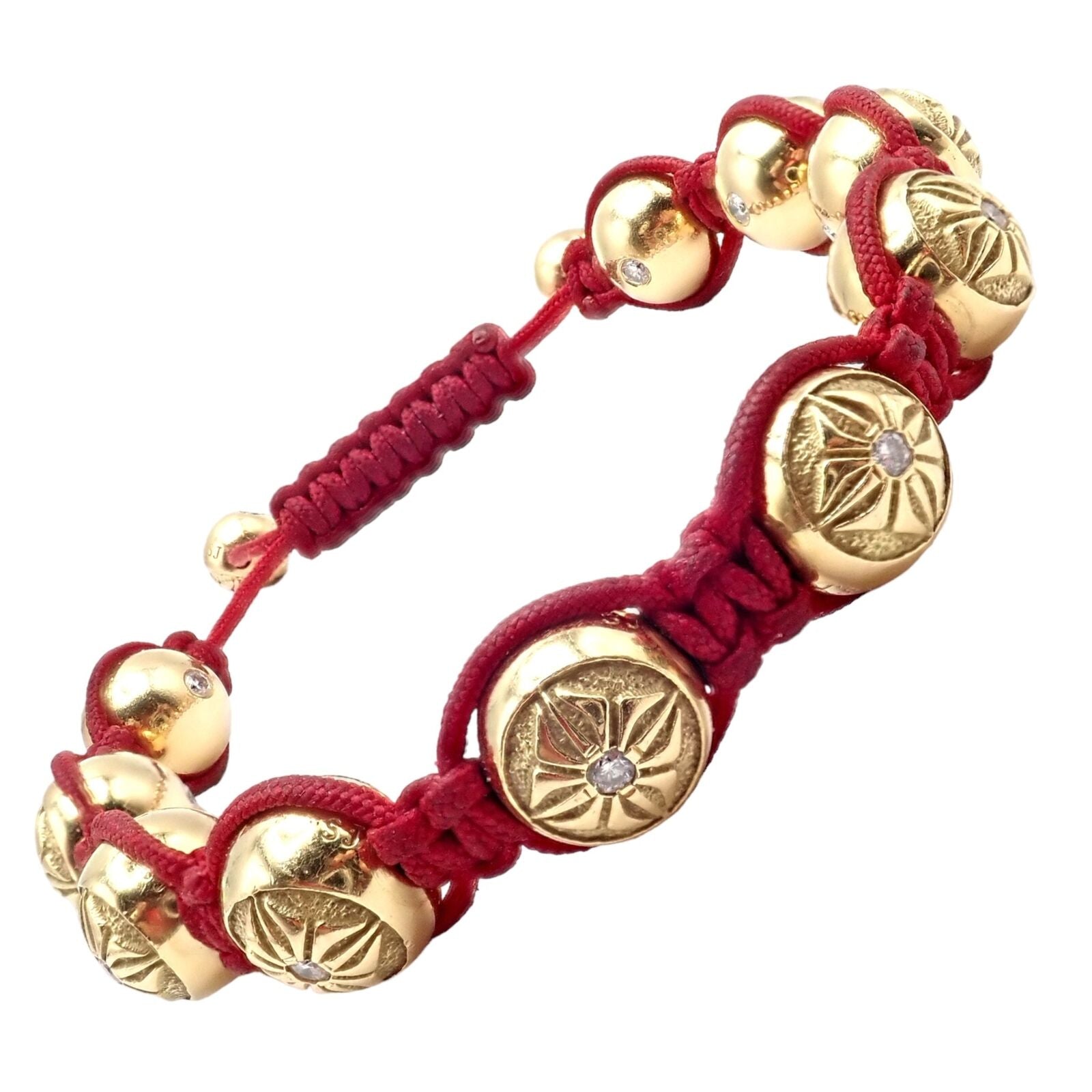 Authentic! Shamballa Jewels 18k Yellow Gold Bead Diamond Lucky Red Cord Bracelet | Fortrove