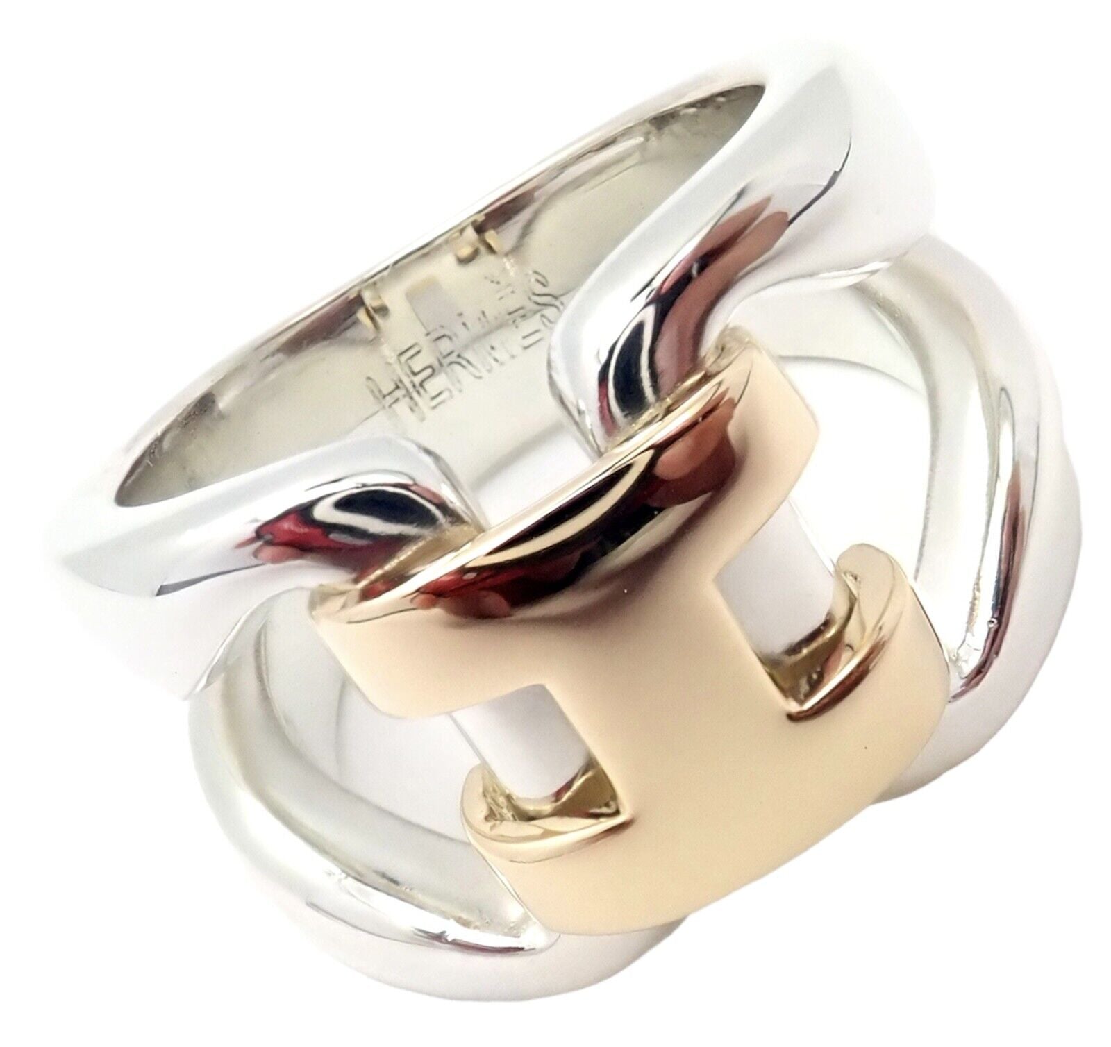 Hermes Jewelry & Watches:Fine Jewelry:Rings Authentic! Hermes Sterling Silver 18k Yellow Gold Large H Band Ring