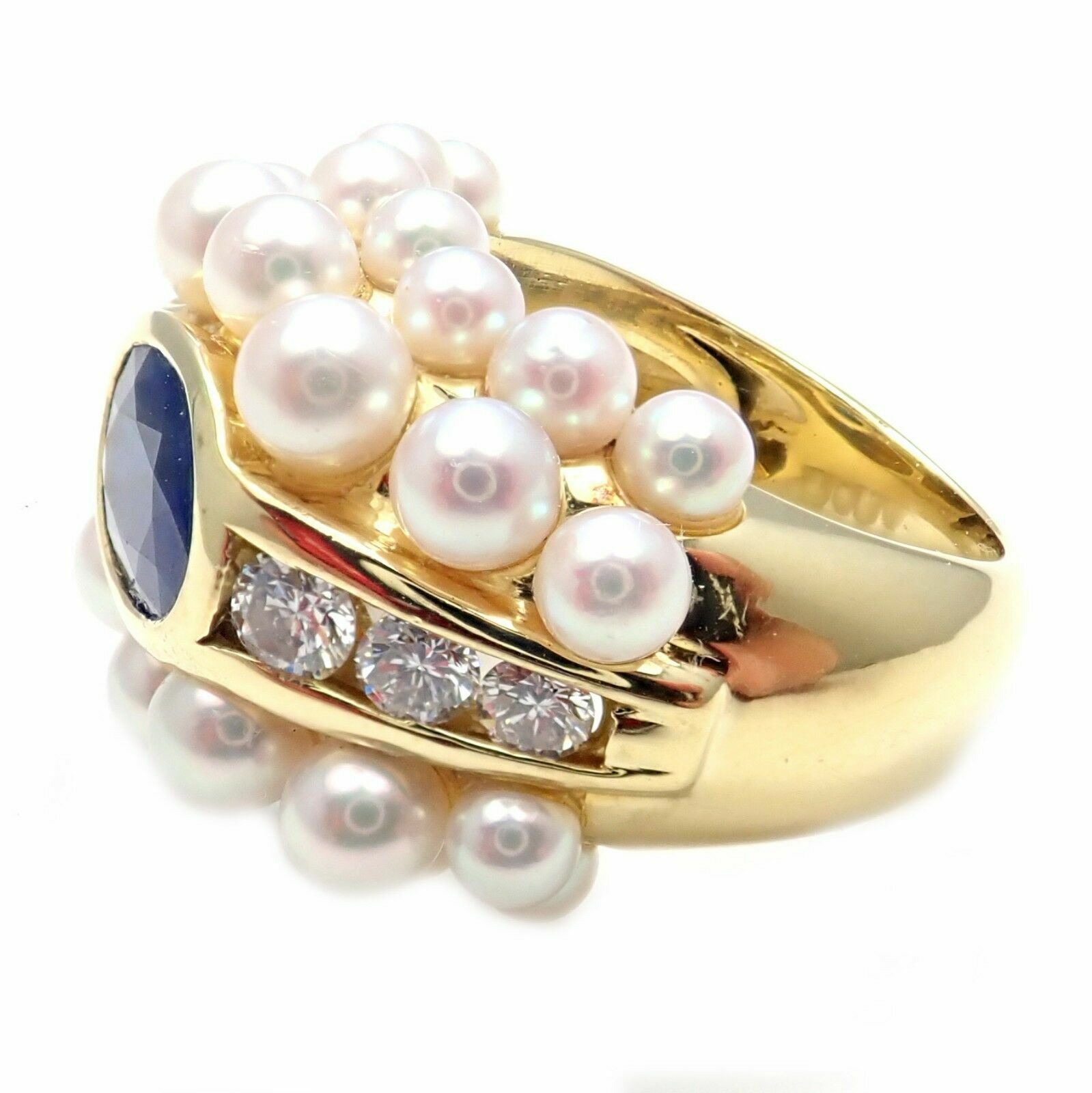 Mikimoto Jewelry & Watches:Fine Jewelry:Rings Rare! Mikimoto 18k Yellow Gold Ceylon Sapphire 0.50ctw Diamond Pearl Ring sz 5