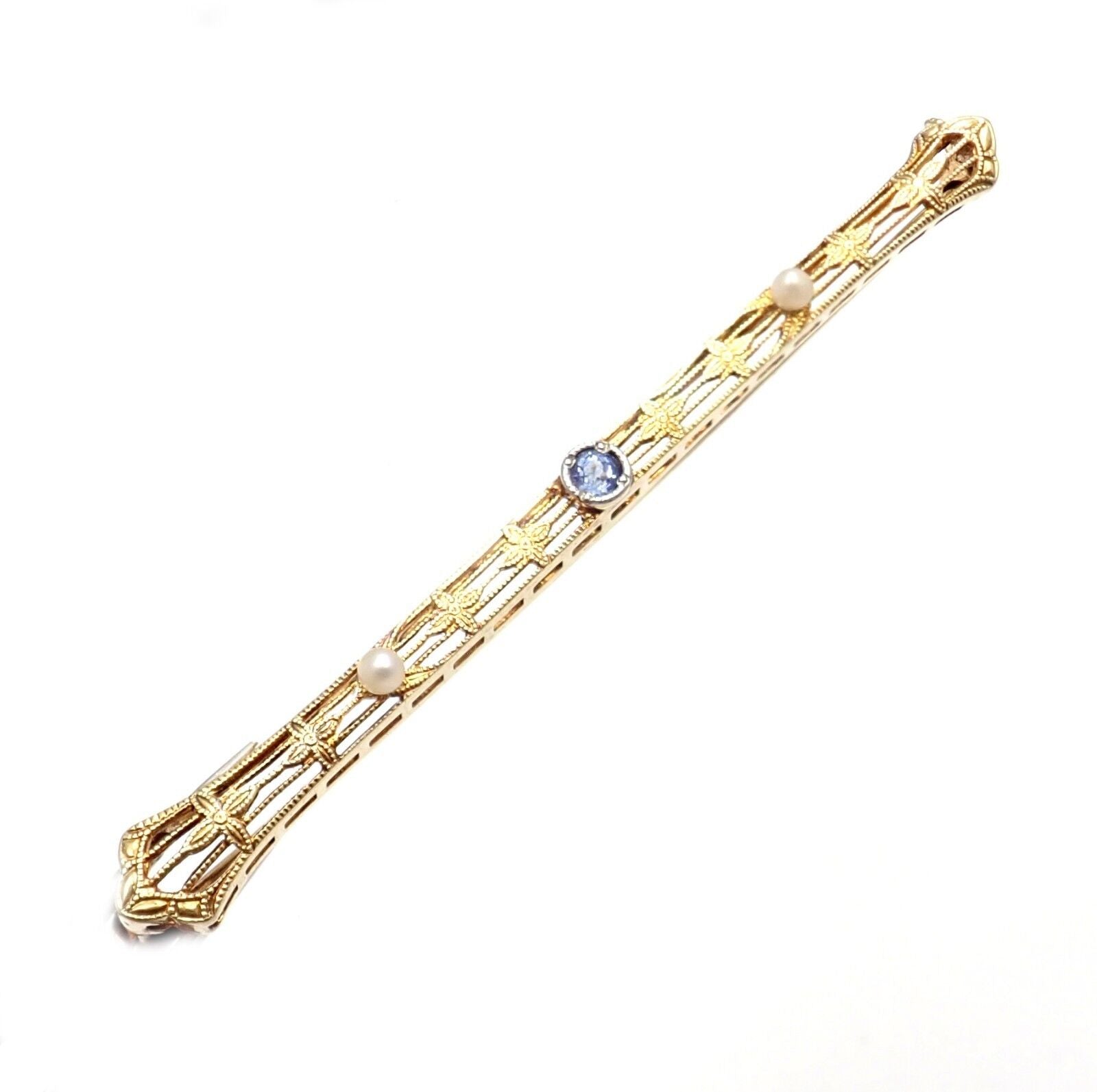Estate Jewelry & Watches:Fine Jewelry:Brooches & Pins Vintage! Estate 14k Yellow Gold Sapphire Pearl Art Deco Bar Brooch Pin