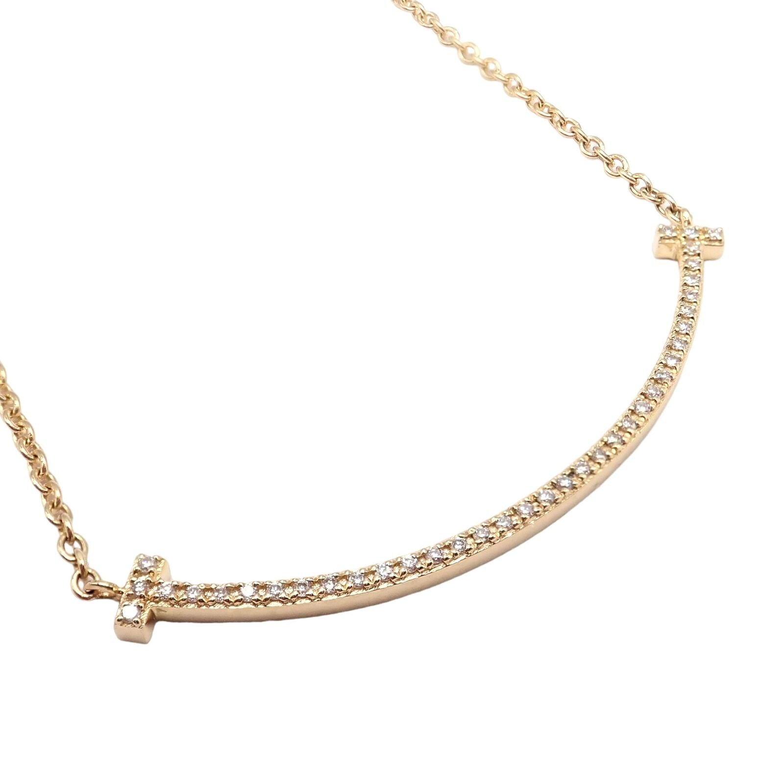 Authentic! Tiffany & Co 18k Yellow Gold Diamond Small T Smile Necklace | Fortrove