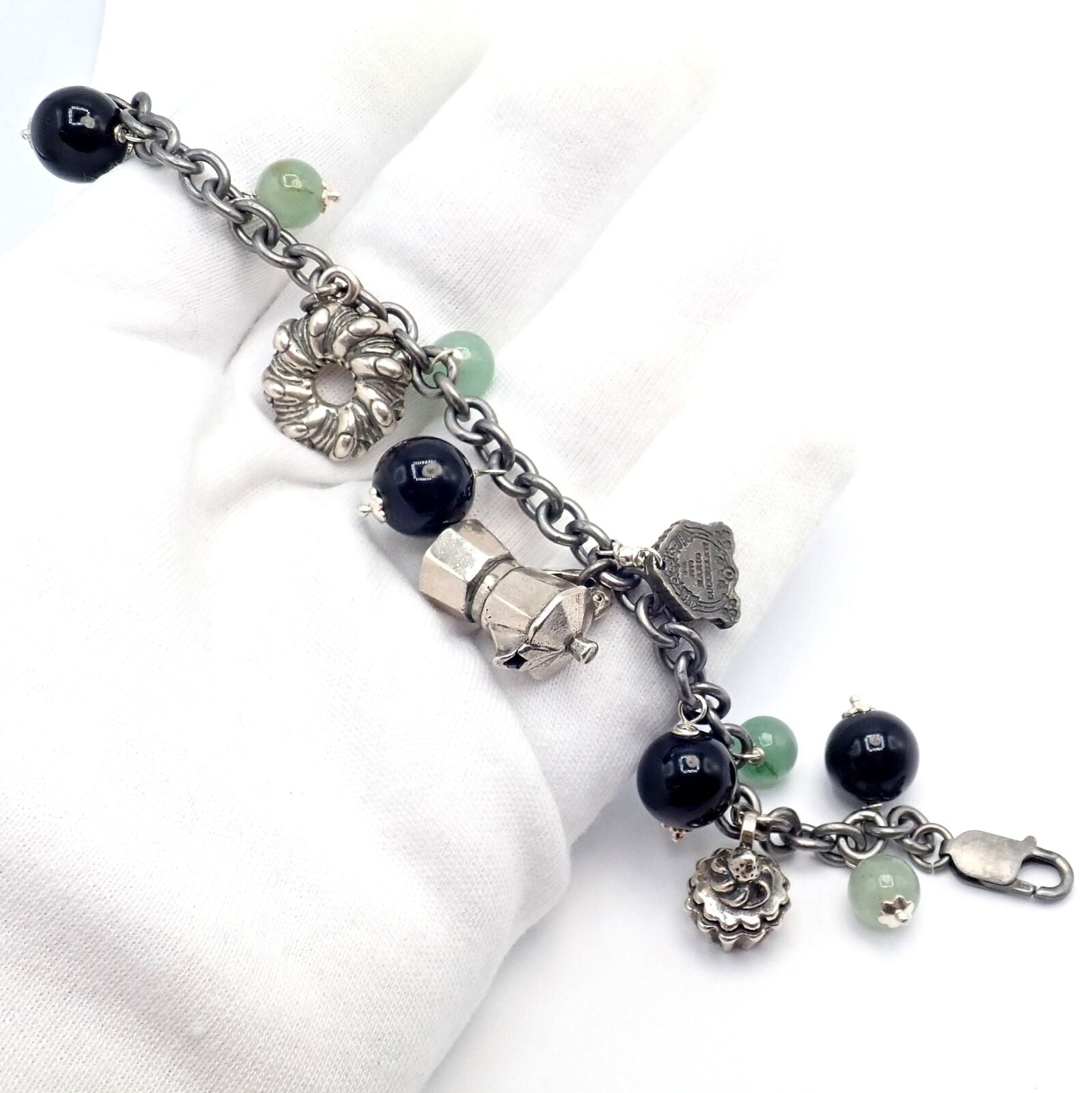 Rare! Vintage Mario Buccellati Silver Coffee Jadeite Onyx Bead Charm Bracelet