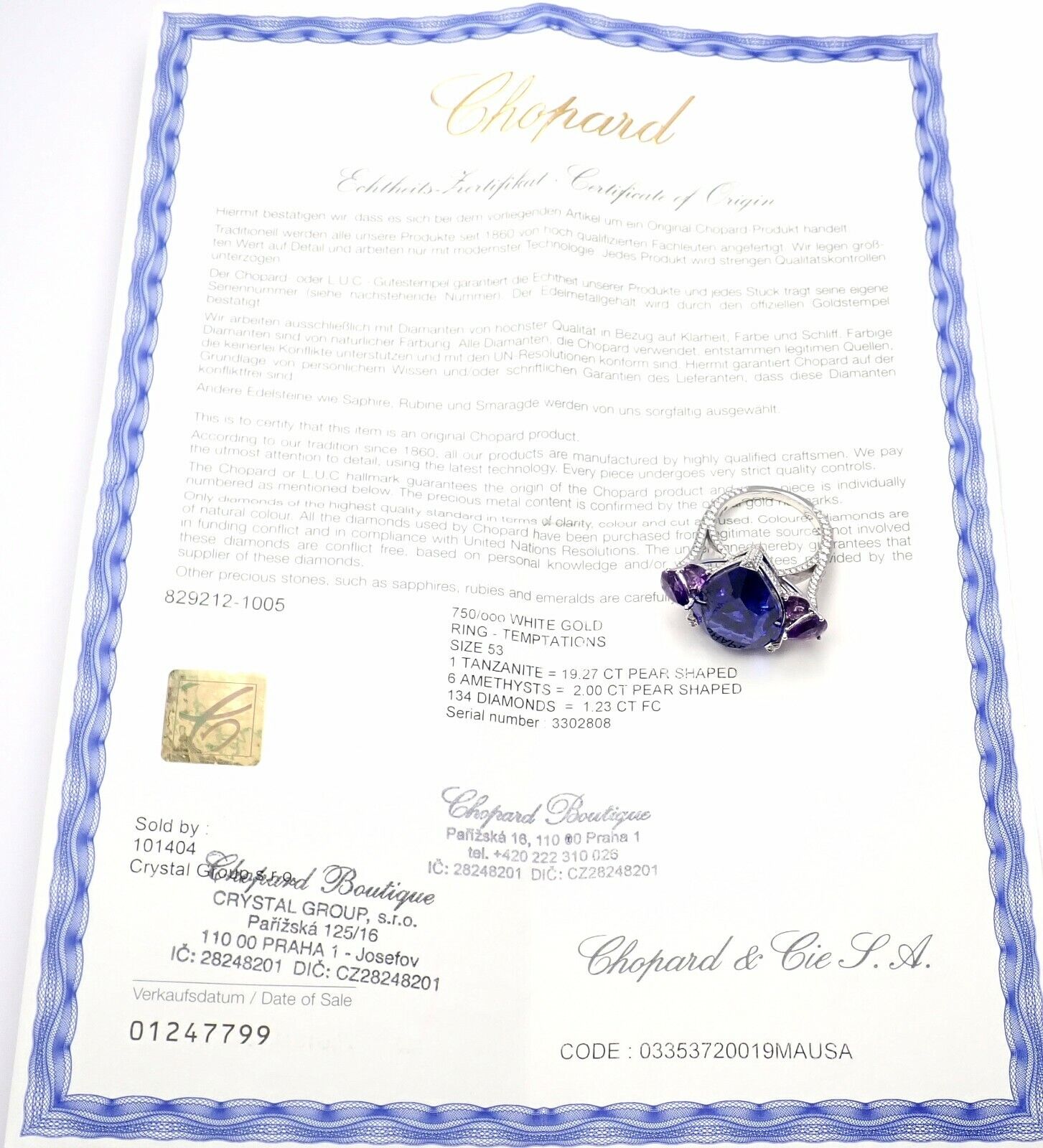 Rare Chopard High Jewelry 18k Gold Diamond Tanzanite Amethyst Ring Box Cert