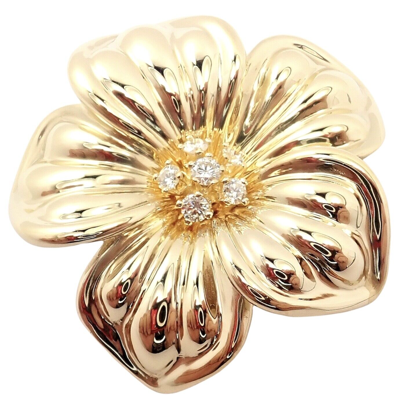 Authentic Van Cleef & Arpels Diamond 18K Yellow Gold Large Magnolia Pin Brooch