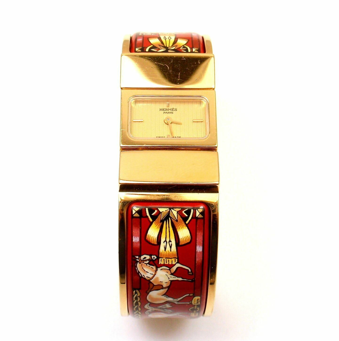 Hermes Jewelry & Watches:Watches, Parts & Accessories:Watches:Wristwatches Authentic! Hermes Loquet Red Horse Equestrian Motif Bangle Bracelet Watch