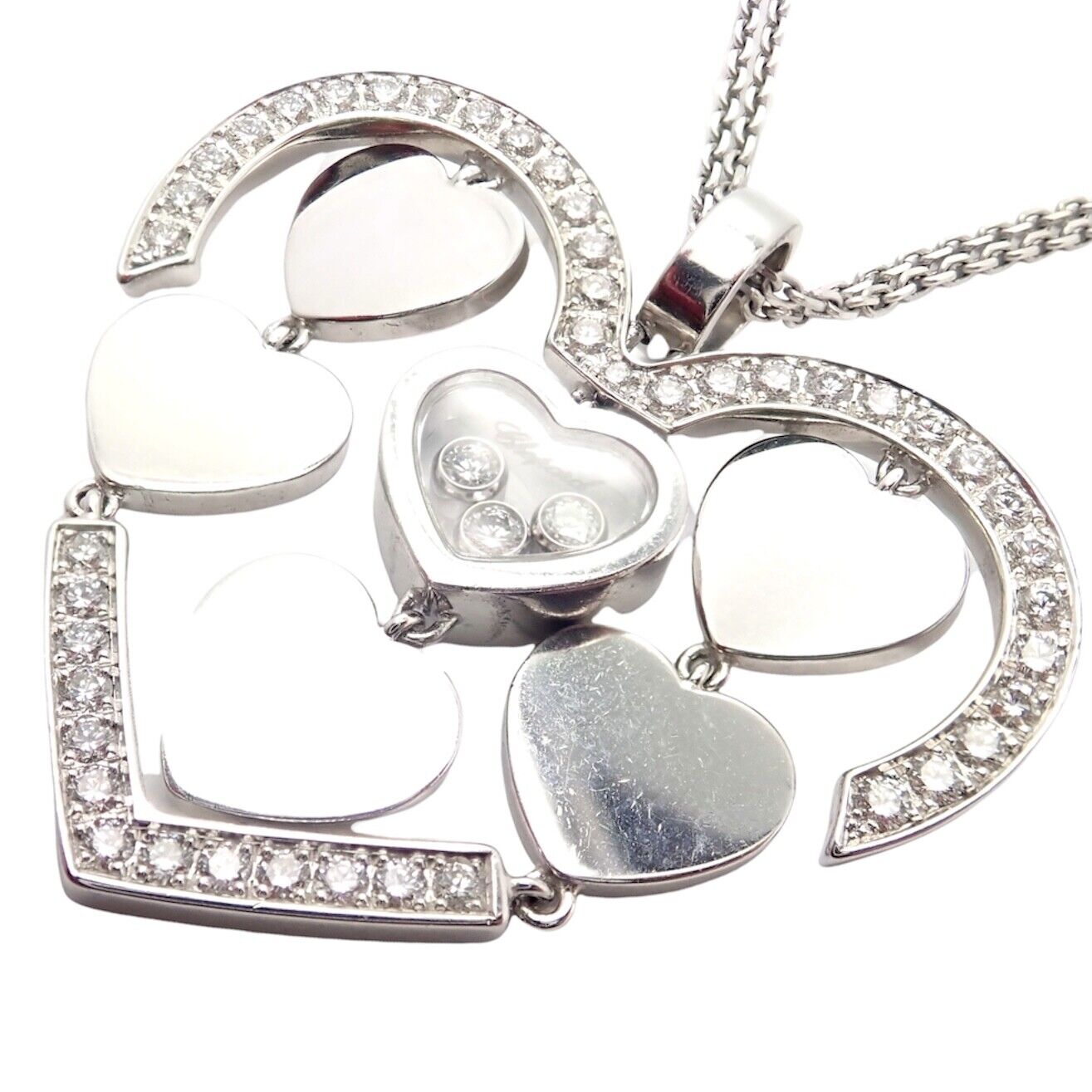 Authentic Chopard 18k White Gold Large Double Happy Hearts Diamond Necklace