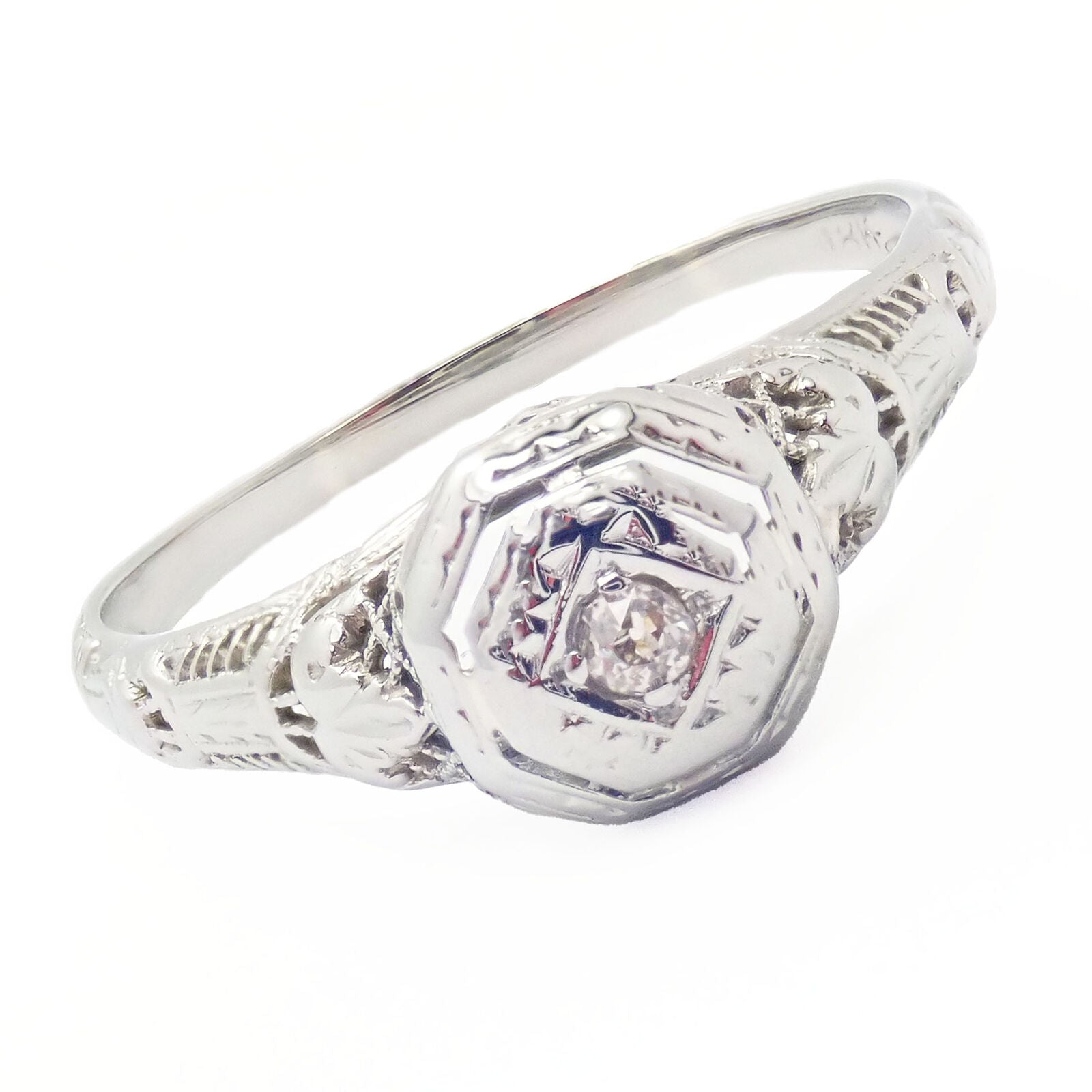 Estate Jewelry & Watches:Vintage & Antique Jewelry:Rings Vintage Estate 18k White Gold Old Mine Cut Diamond Art Deco Filigree Ring sz 8.5