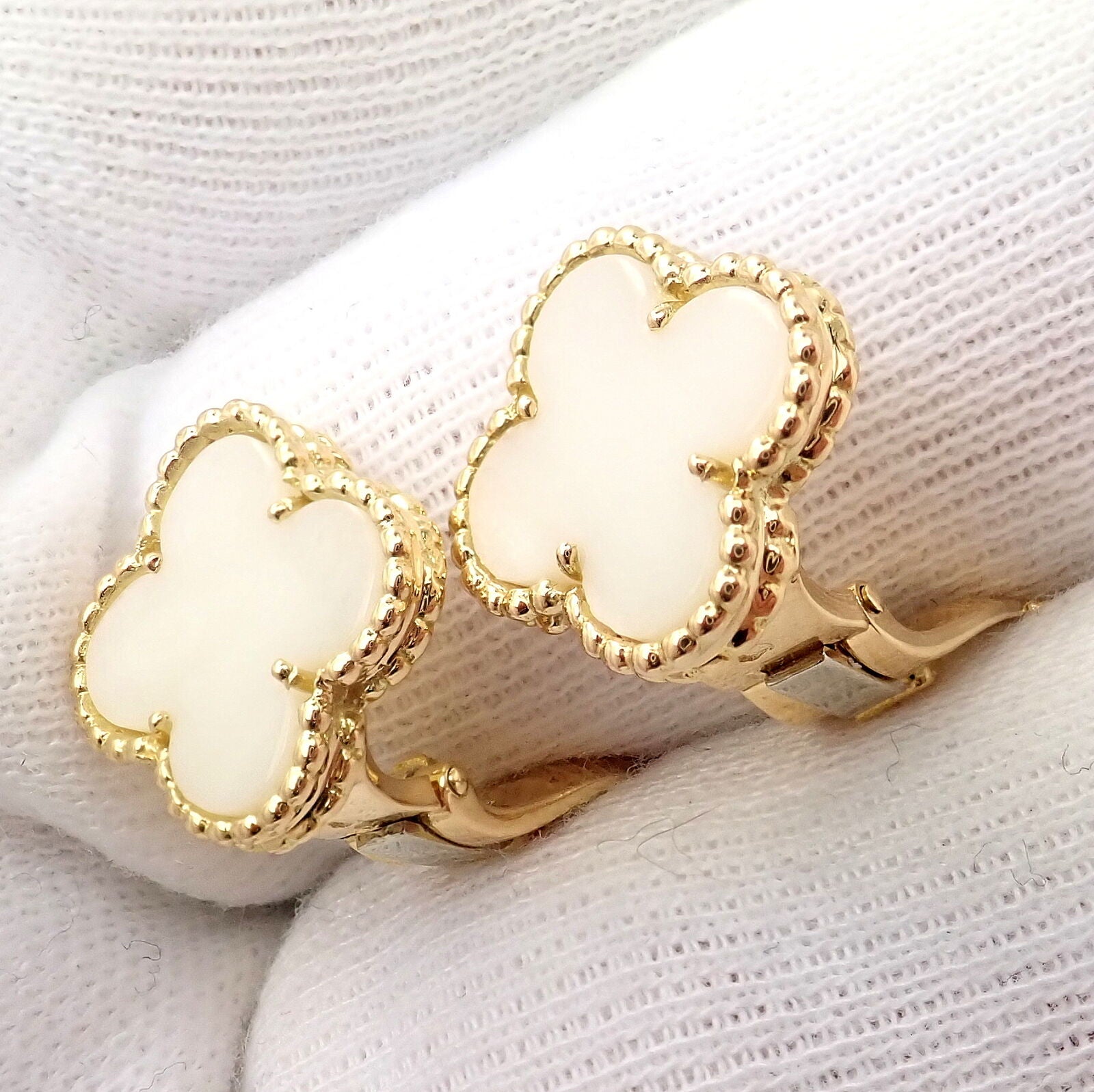 Rare! Van Cleef & Arpels Vintage Alhambra 18K Yellow Gold White Coral Earrings