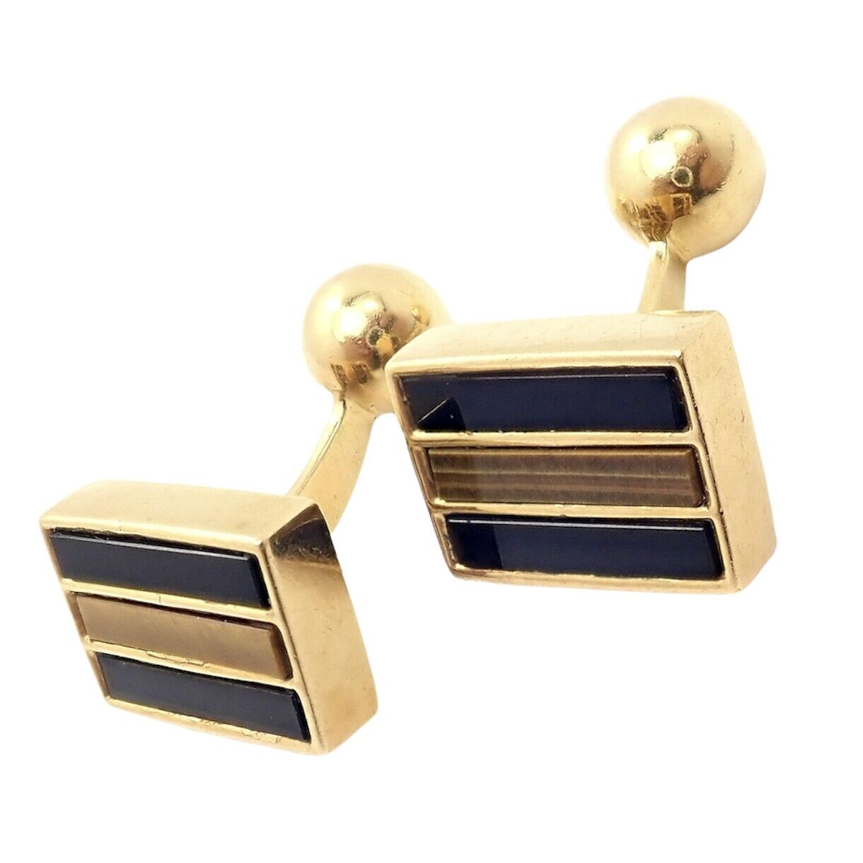 Rare Vintage Tiffany & Co. 18k Yellow Gold Classic Onyx Tiger Eye Cufflinks