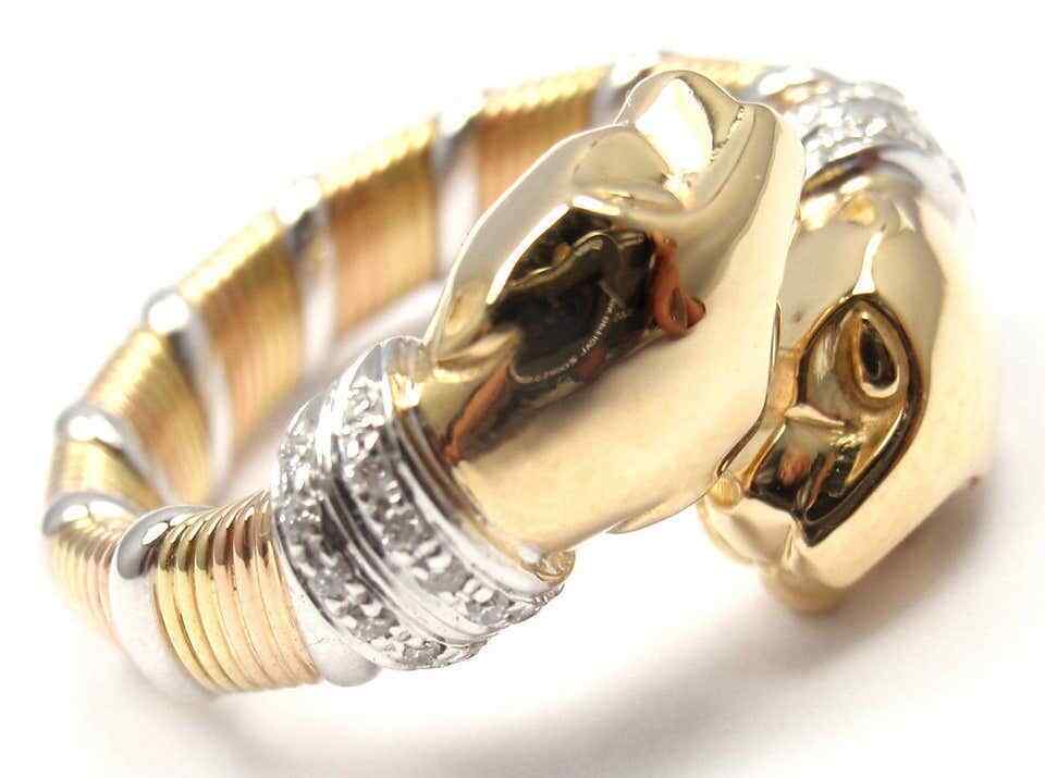 Cartier Jewelry & Watches:Fine Jewelry:Rings Cartier Panther Diamond Tricolor 18k Gold Band Ring EU 52 US 6