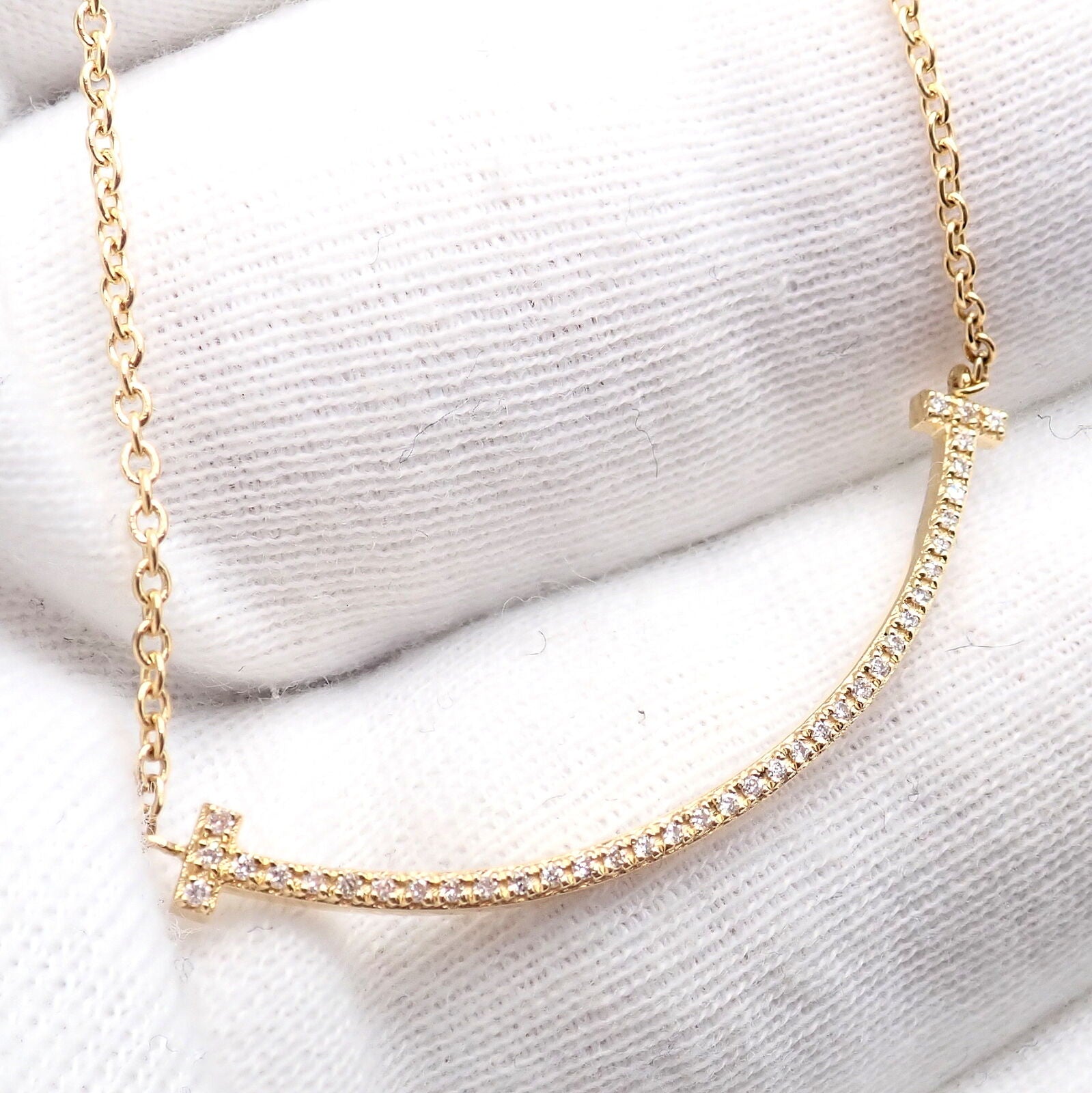 Authentic! Tiffany & Co 18k Yellow Gold Diamond Small T Smile Necklace | Fortrove