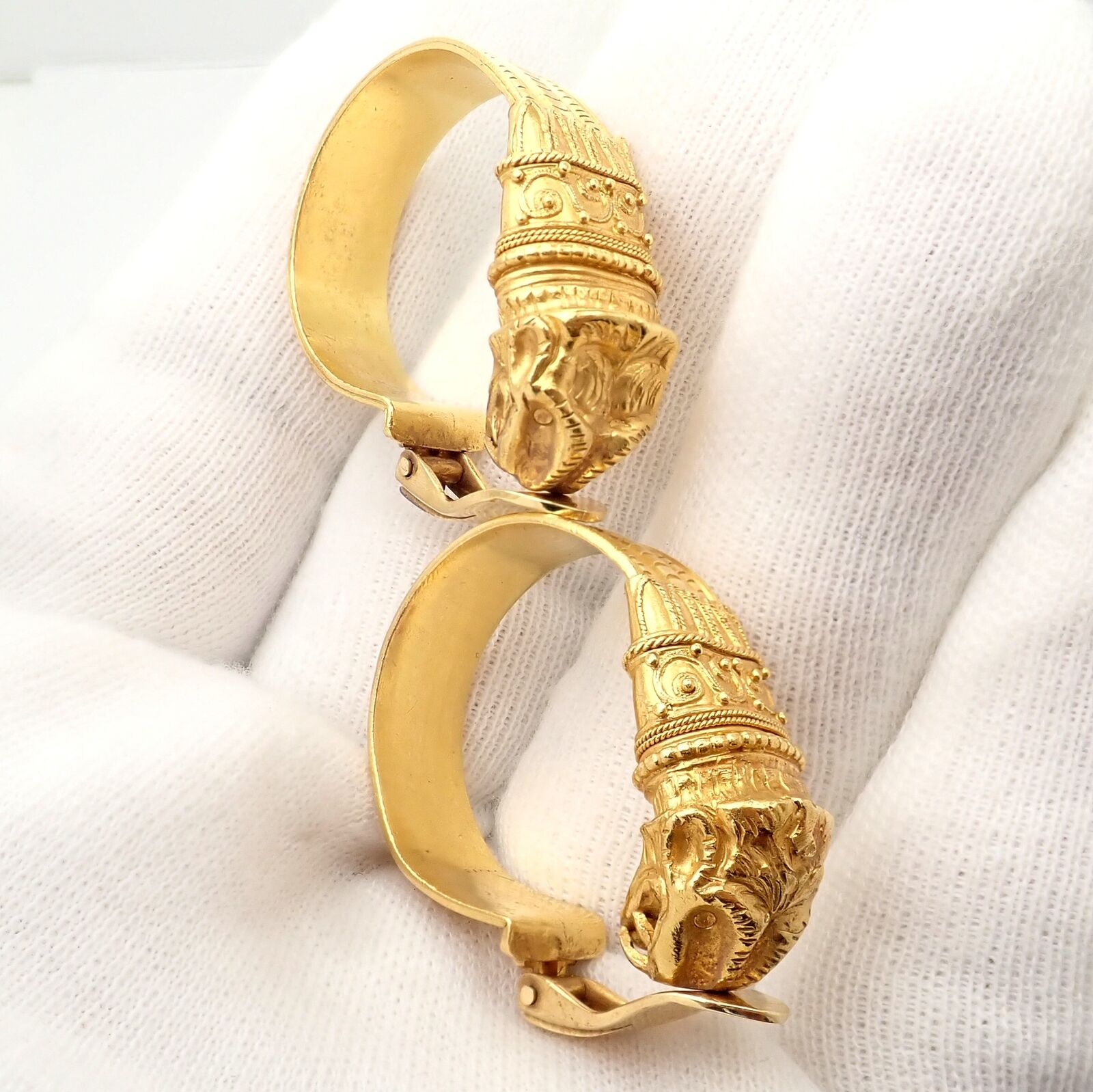 Lalaounis Jewelry & Watches:Vintage & Antique Jewelry:Earrings Vintage Estate Ilias Lalaounis 18k Yellow Gold Cobra Chimera Hoop Earrings