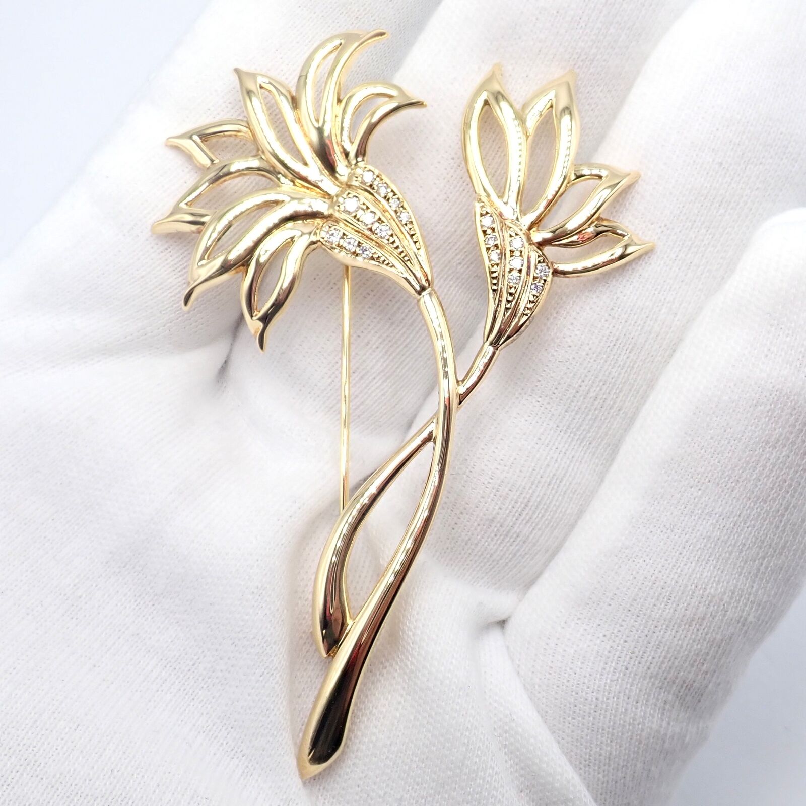 Mikimoto Jewelry & Watches:Fine Jewelry:Brooches & Pins Rare! Vintage Mikimoto 18k Yellow Gold Diamond Large Double Flower Brooch