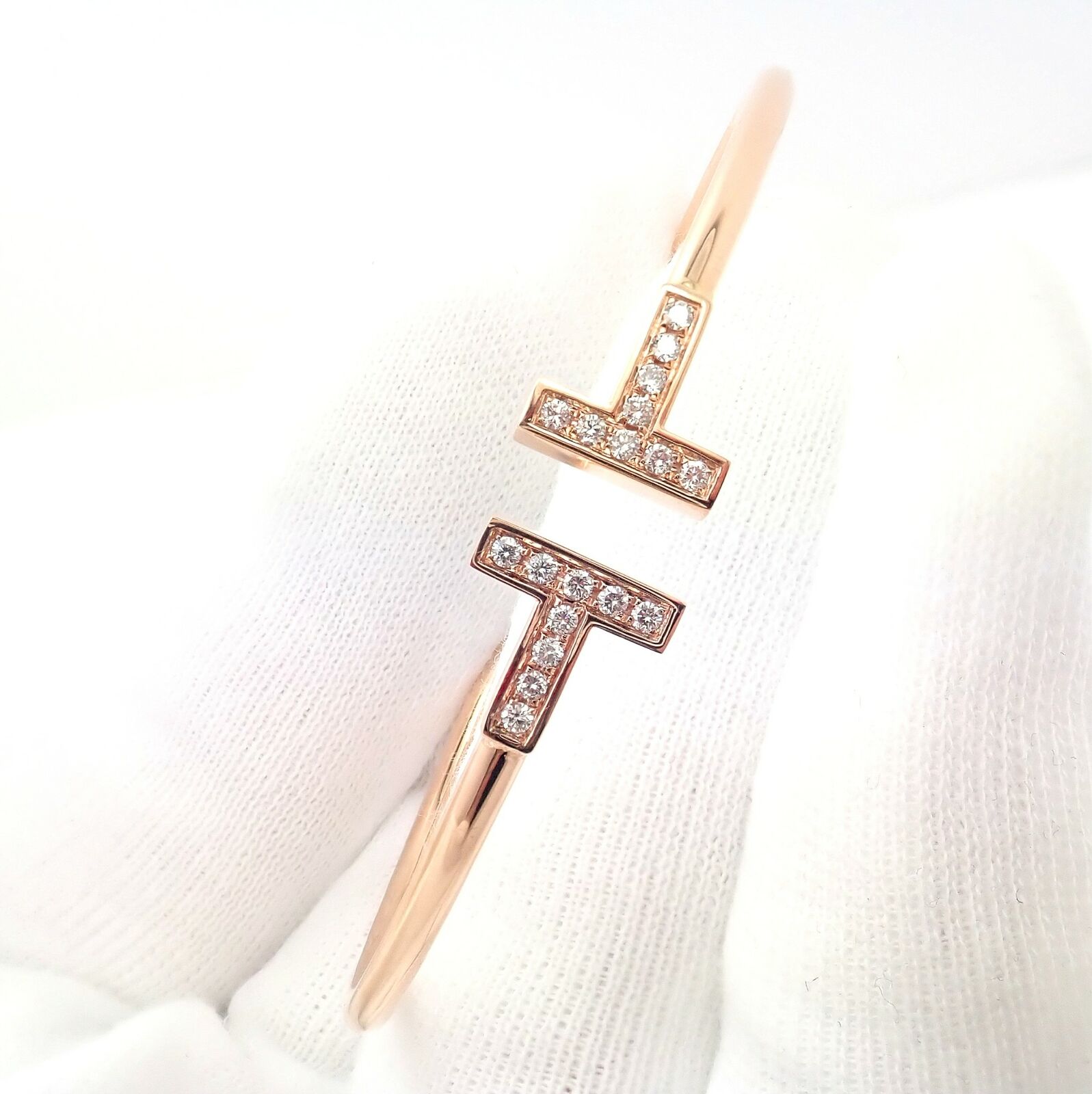 Tiffany & Co. Jewelry & Watches:Fine Jewelry:Bracelets & Charms Authentic! Tiffany & Co 18k Rose Gold Diamond T Wire Flex Bracelet