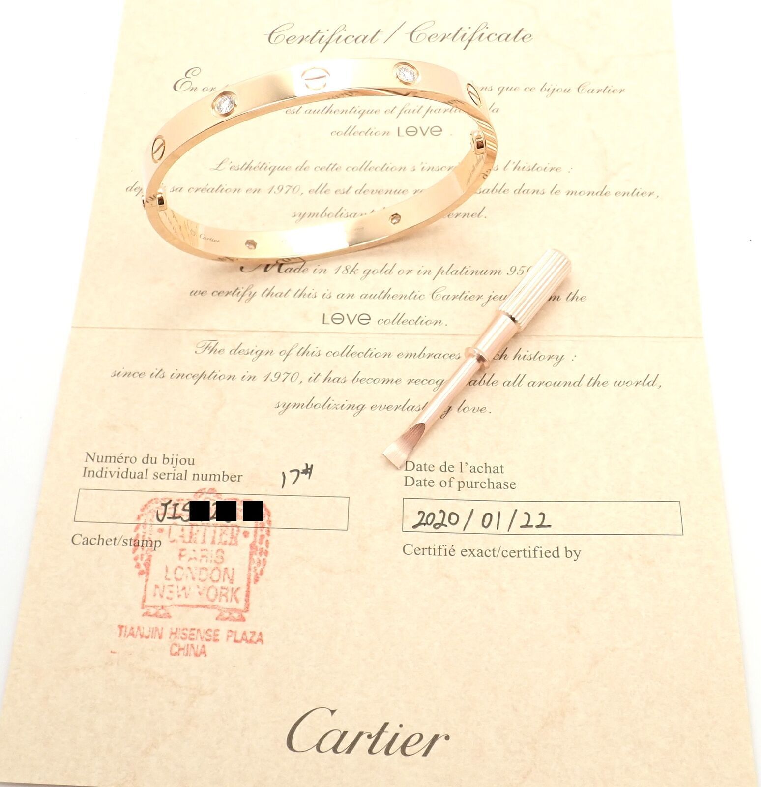 Authentic Cartier 18k Rose Gold 4 Diamond Love Bangle Bracelet Size 17 Cert