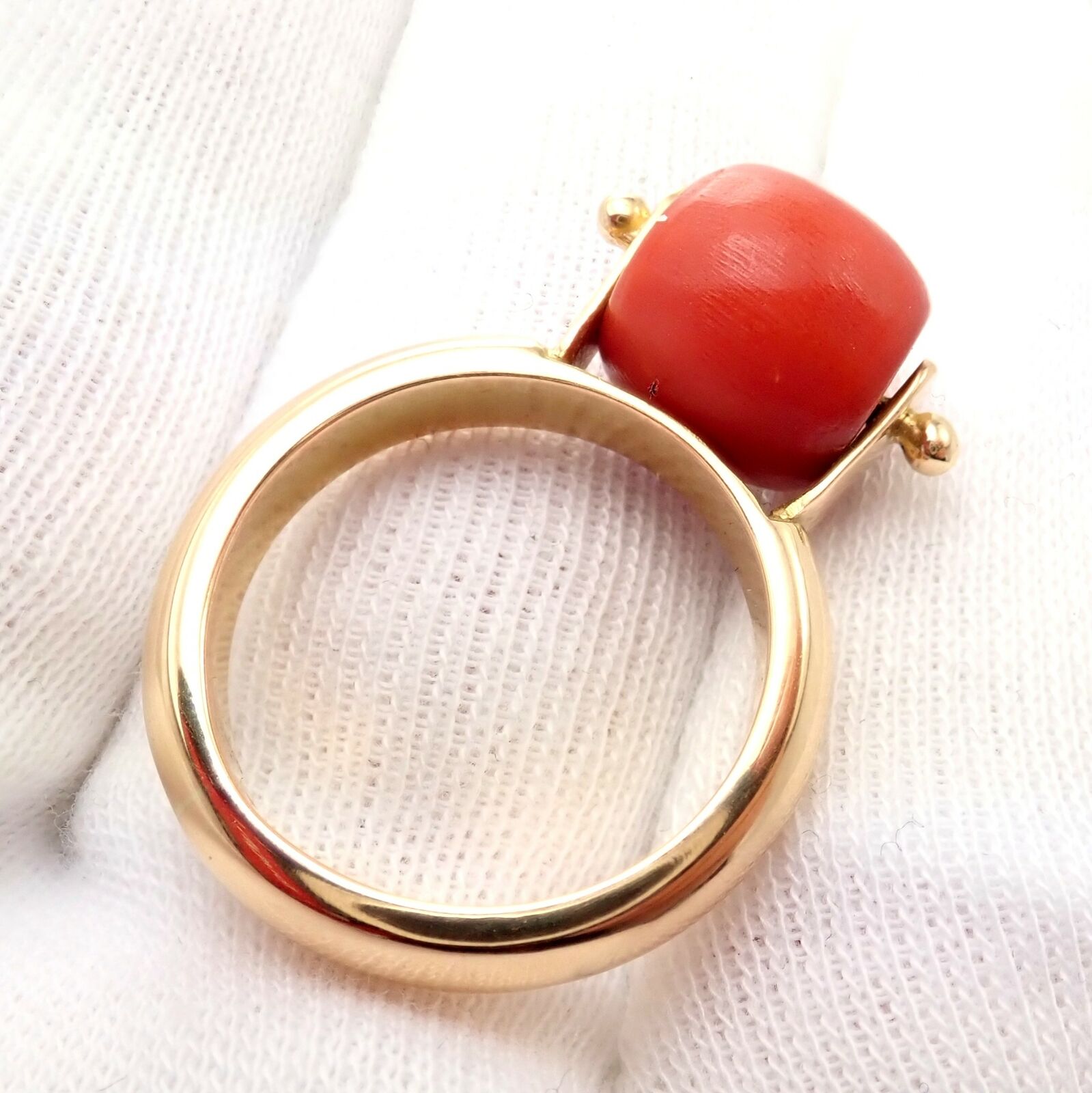 Twin Red Coral & Diamond Ring 18K Yellow Gold