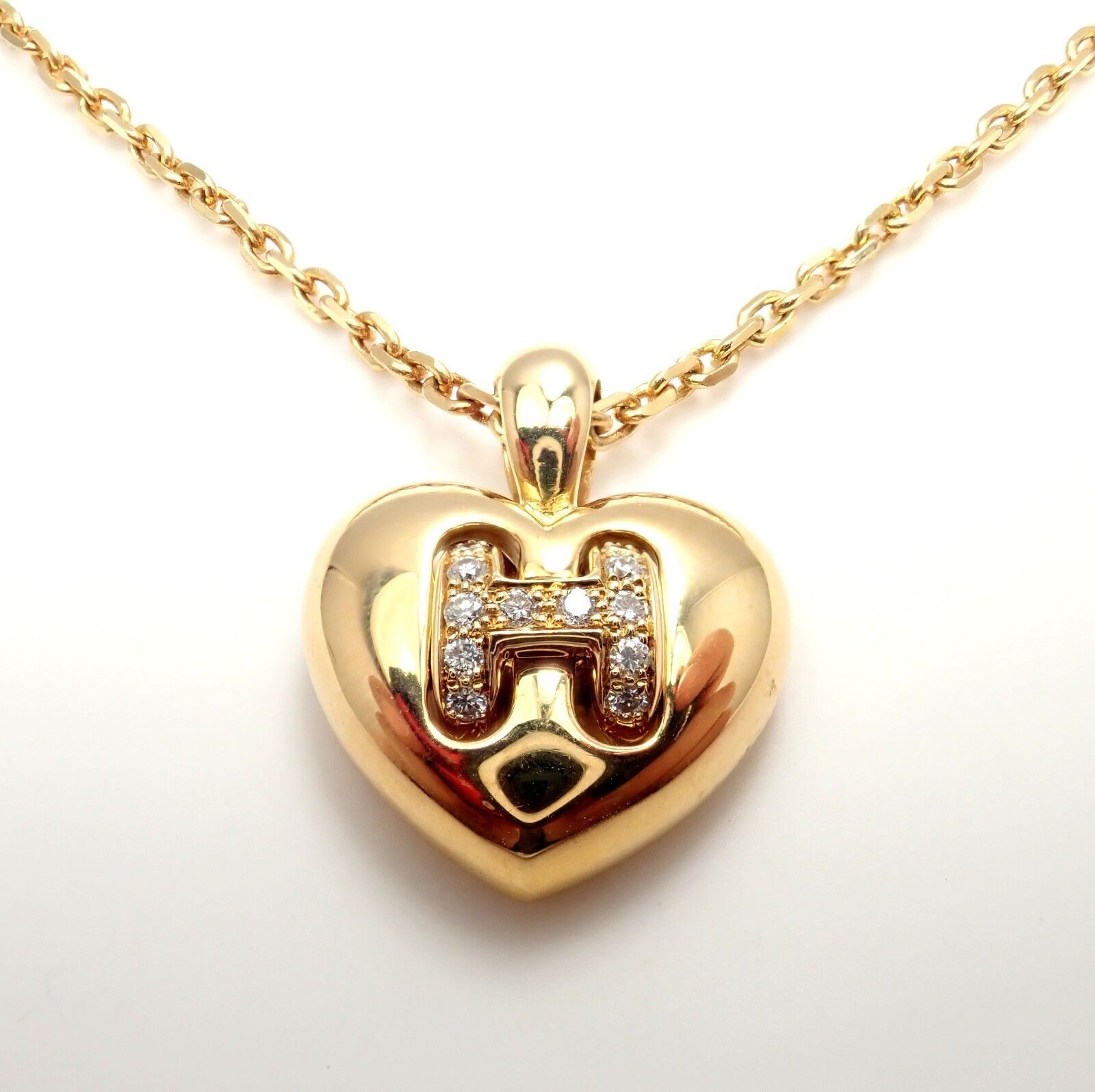 Hermes Jewelry & Watches:Fine Jewelry:Necklaces & Pendants Rare! Authentic Hermes 18k Yellow Gold Diamond H Heart Pendant Necklace 14.5"