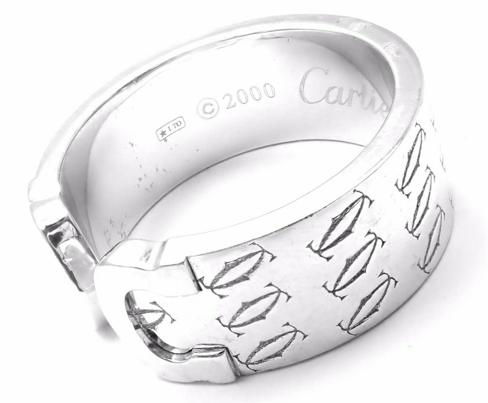 Authentic! Cartier Logo 18K White Gold Double C Motif Monogram Band Ring Sz 6.25