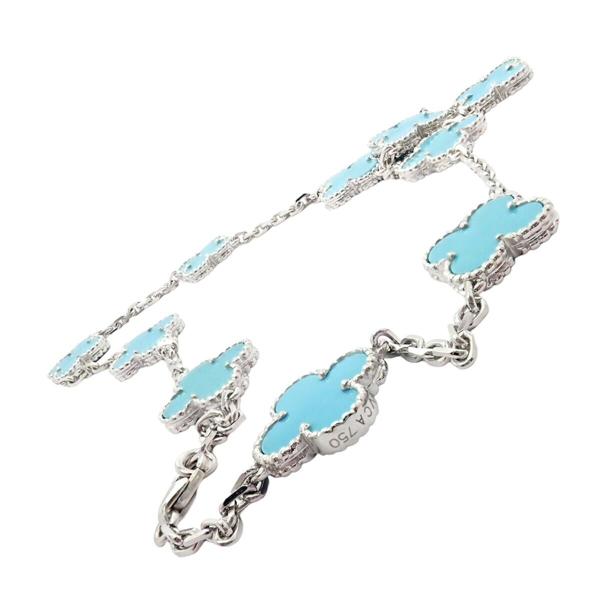 Van Cleef & Arpels Jewelry & Watches:Fine Jewelry:Necklaces & Pendants Van Cleef & Arpels 18k White Gold 10 Motif Alhambra Turquoise Necklace + Paper
