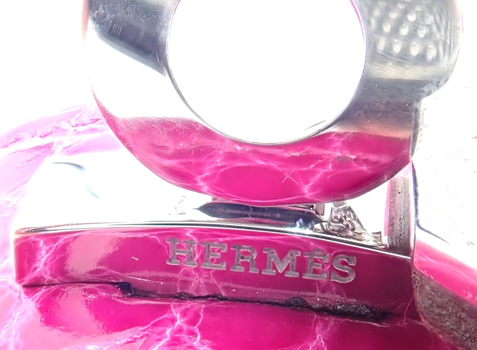 Hermes Jewelry & Watches:Fine Jewelry:Bracelets & Charms Hermes Kelly 18k White Gold Diamond Fuchsia Crocodile Wide Cuff Bracelet Box