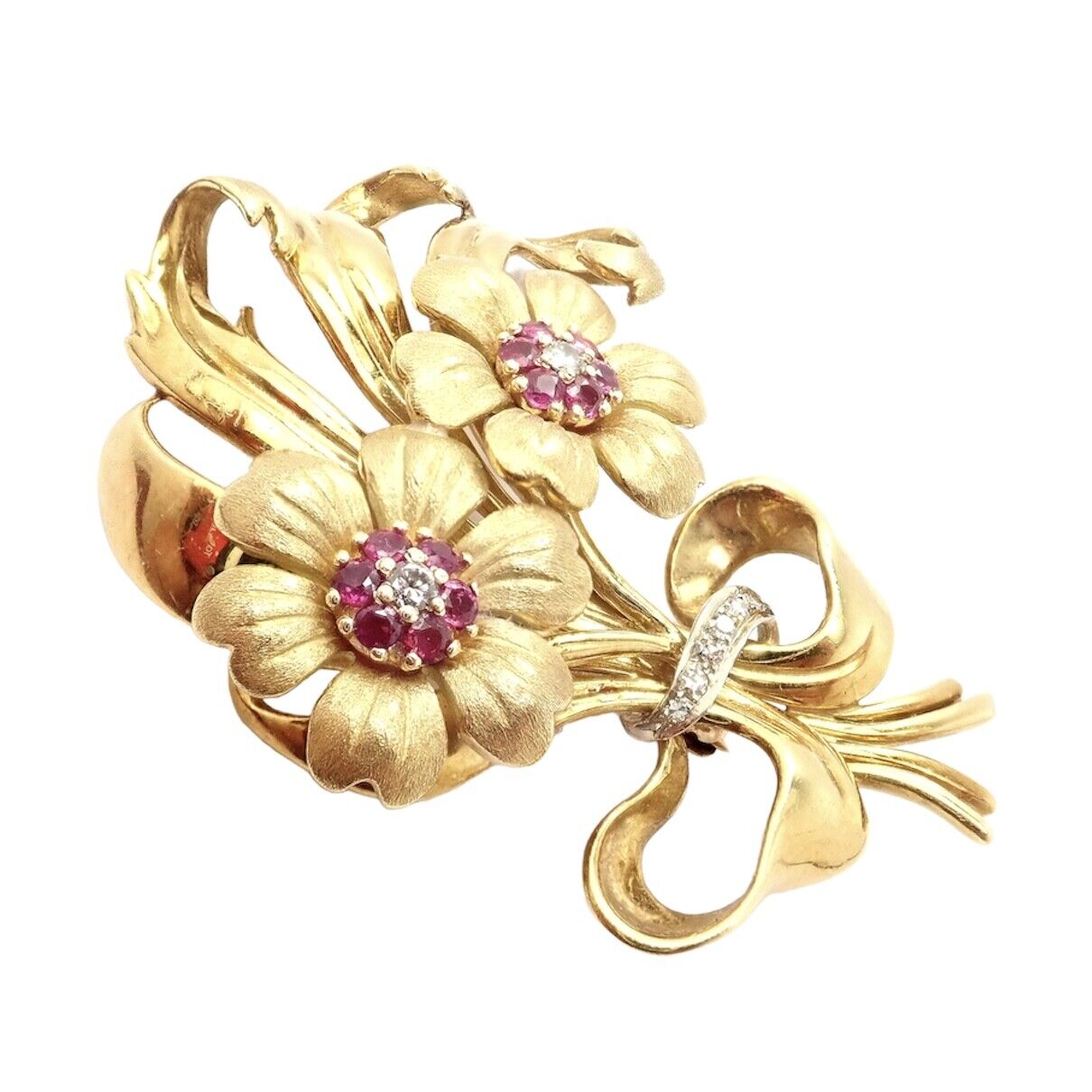 Cartier Jewelry & Watches:Fine Jewelry:Brooches & Pins Authentic Vintage Cartier 18k Yellow Gold Ruby Diamond Flower Large Brooch Pin