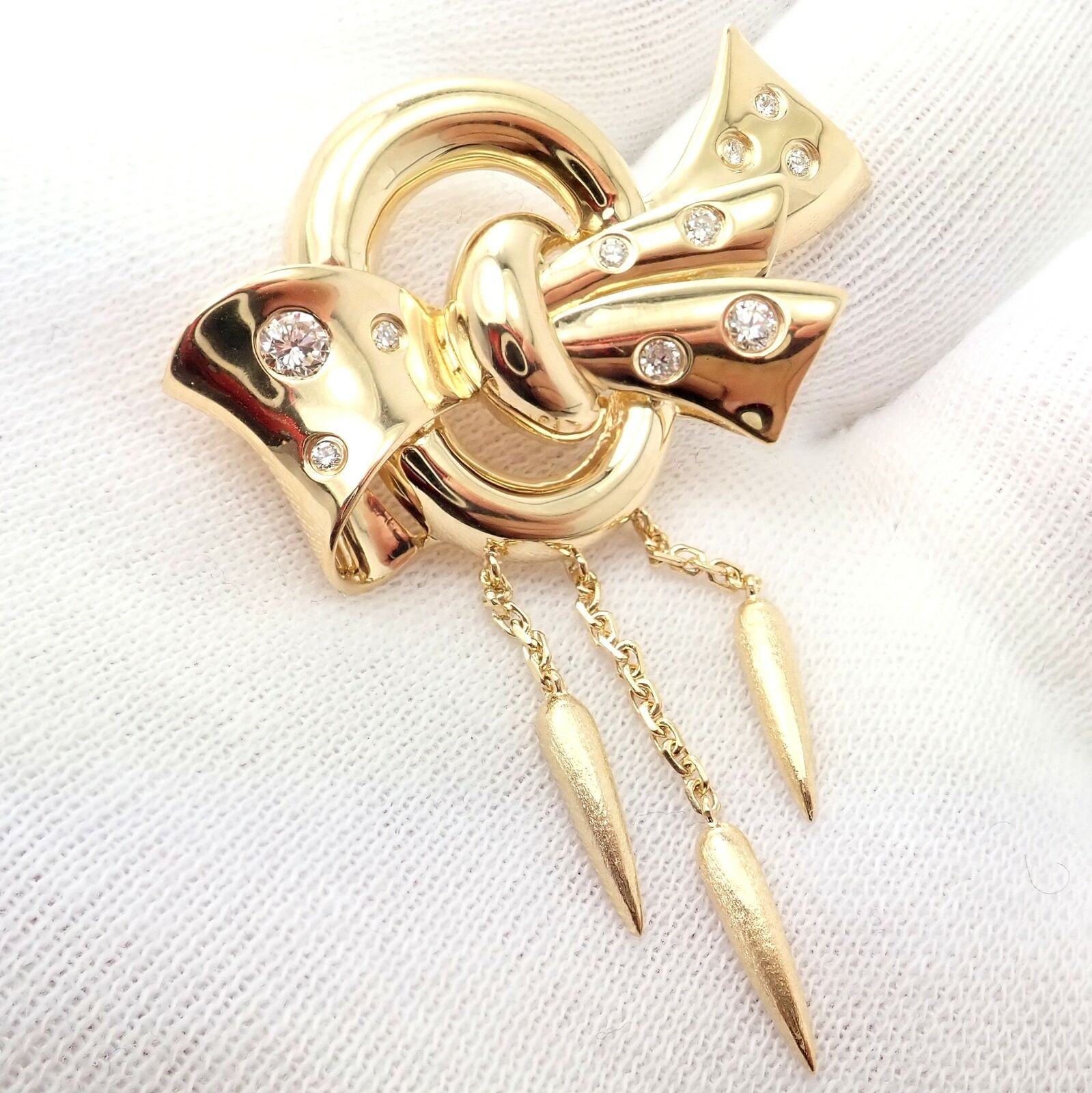 Authentic Vintage Christian Dior 18k Yellow Gold Diamond Pendulum Bow  Brooch Pin