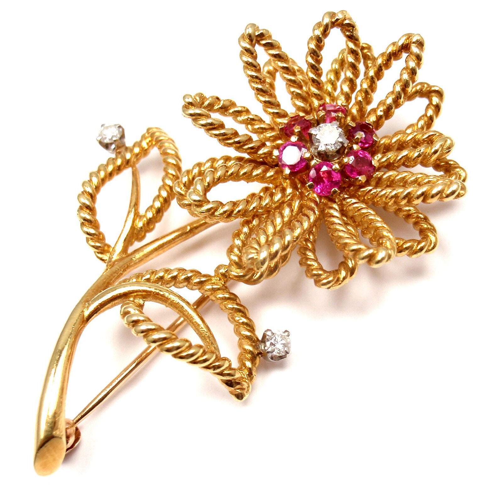 Tiffany & Co. Jewelry & Watches:Fine Jewelry:Brooches & Pins Rare! Vintage Authentic Tiffany & Co 14k Yellow Gold Diamond Ruby Flower Brooch
