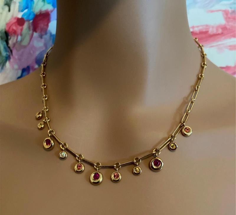 Authentic! Chaumet 18k Yellow Gold Fancy Color Sapphire Bubble Necklace 18