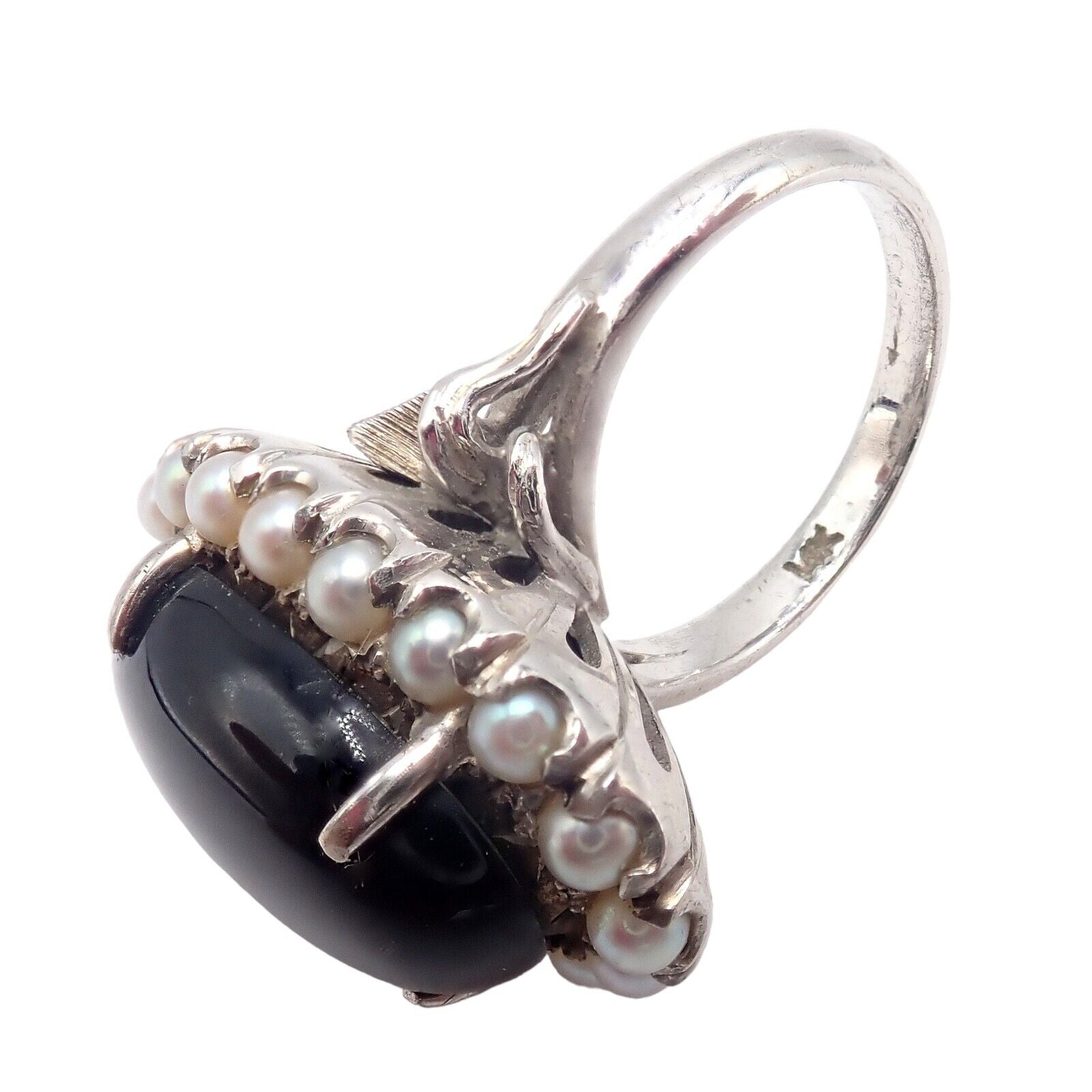 Estate Jewelry & Watches:Vintage & Antique Jewelry:Rings Vintage Estate 14k White Gold Pearl Large Onyx Ring sz 6.5