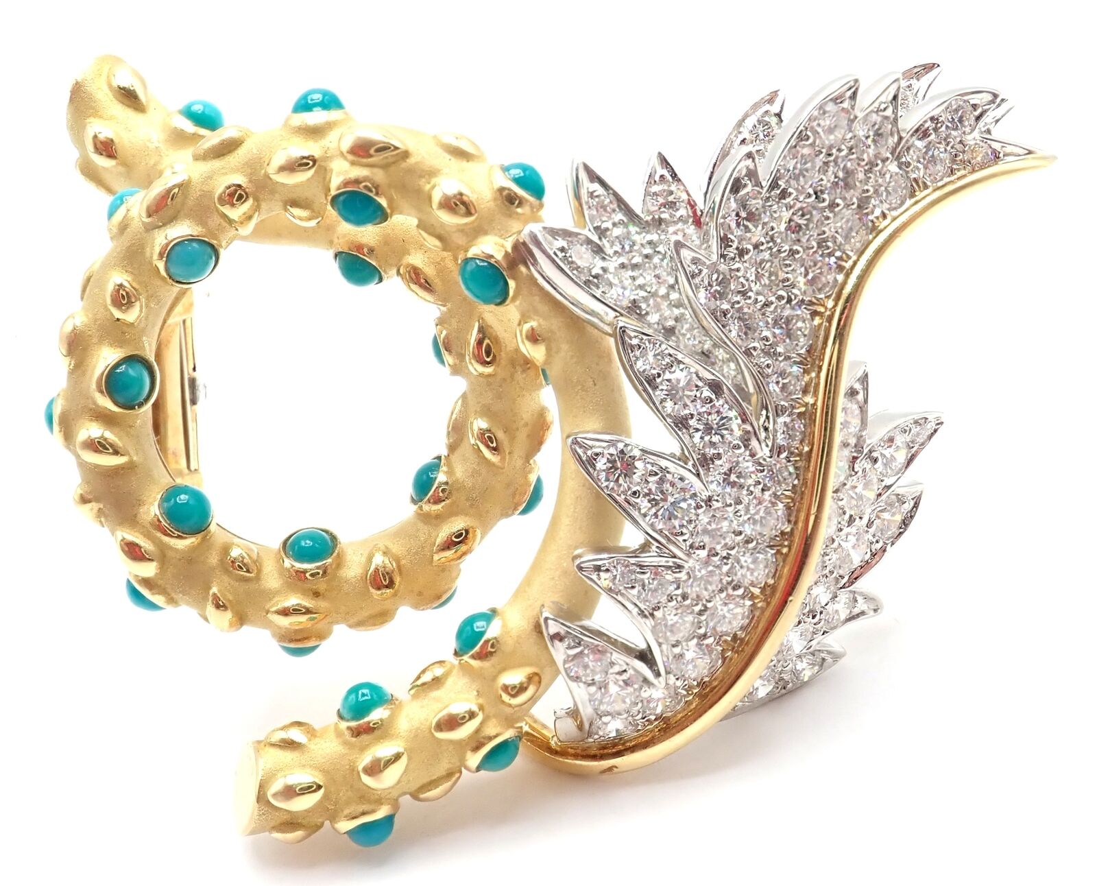 Tiffany & Co Schlumberger 18k Yellow Gold Platinum Diamond Turquoise Pin Brooch | Fortrove