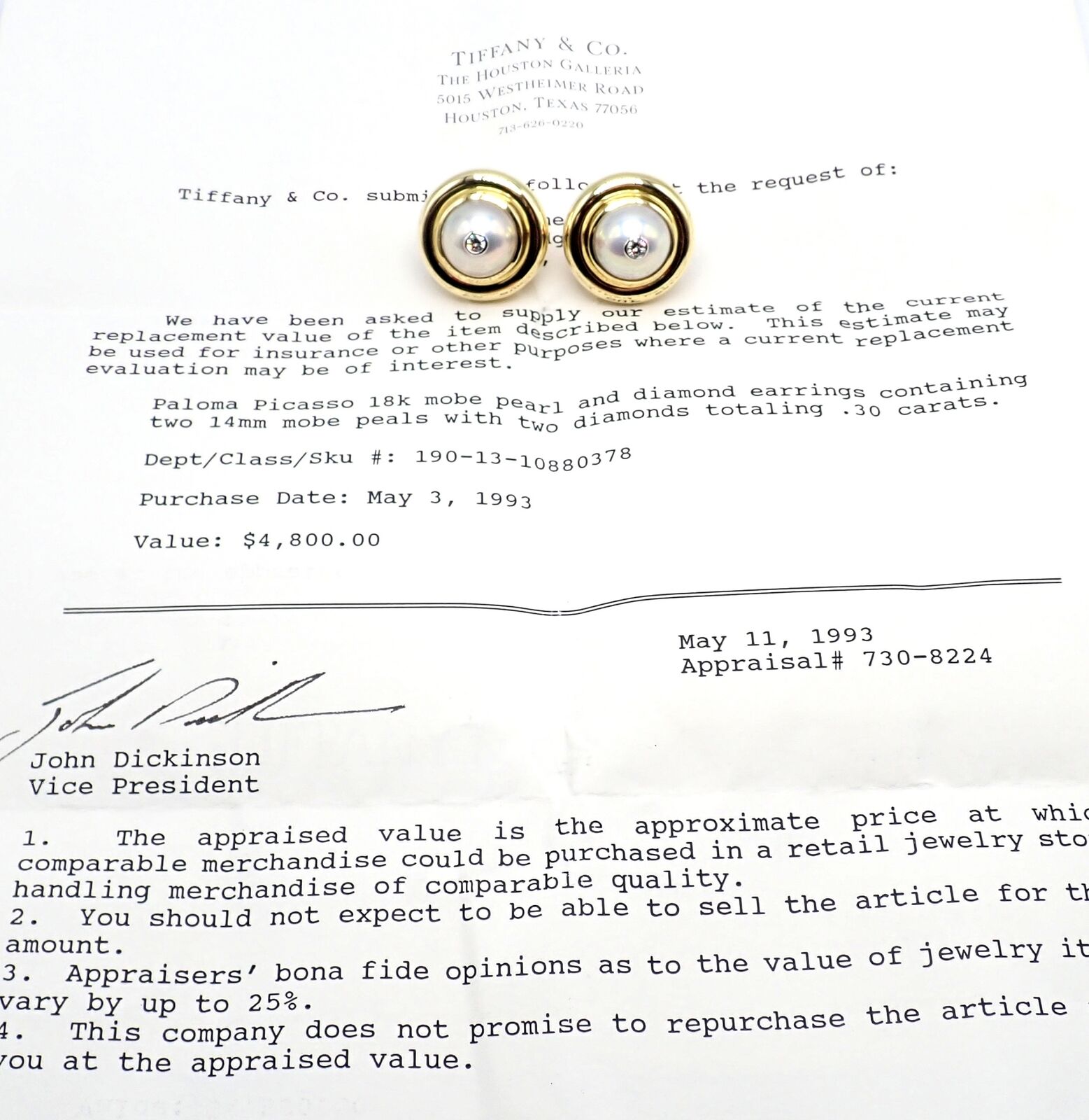 Paloma Picasso for Tiffany & Co. Jewelry & Watches:Fine Jewelry:Earrings Authentic Tiffany & Co Picasso 18k Yellow Gold Diamond Mabe Pearl Earrings Paper