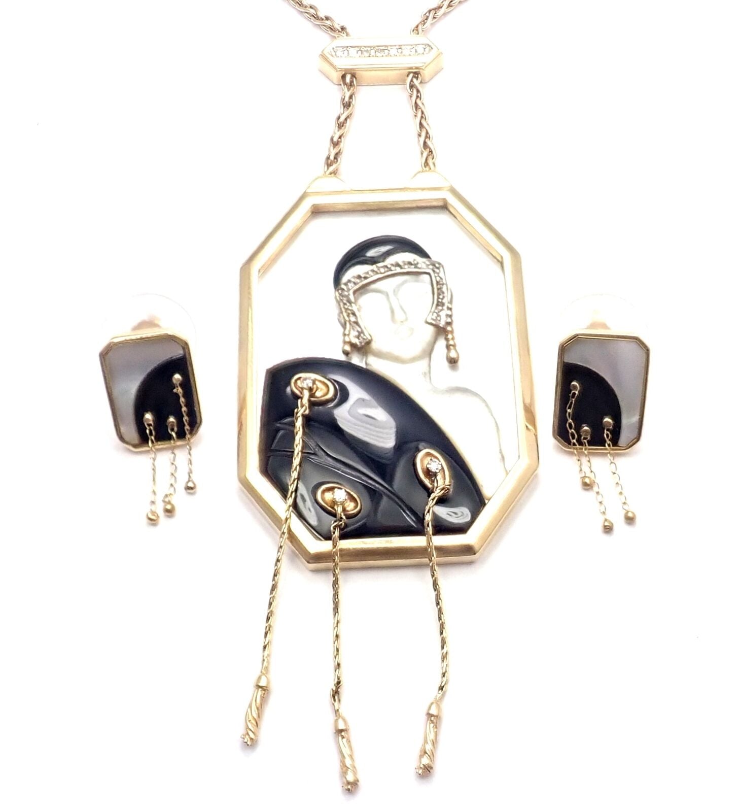 Erte Jewelry & Watches:Fine Jewelry:Jewelry Sets ERTE Folies 14k Yellow Gold Diamond Onyx Mother of Pearl Necklace & Earrings Set