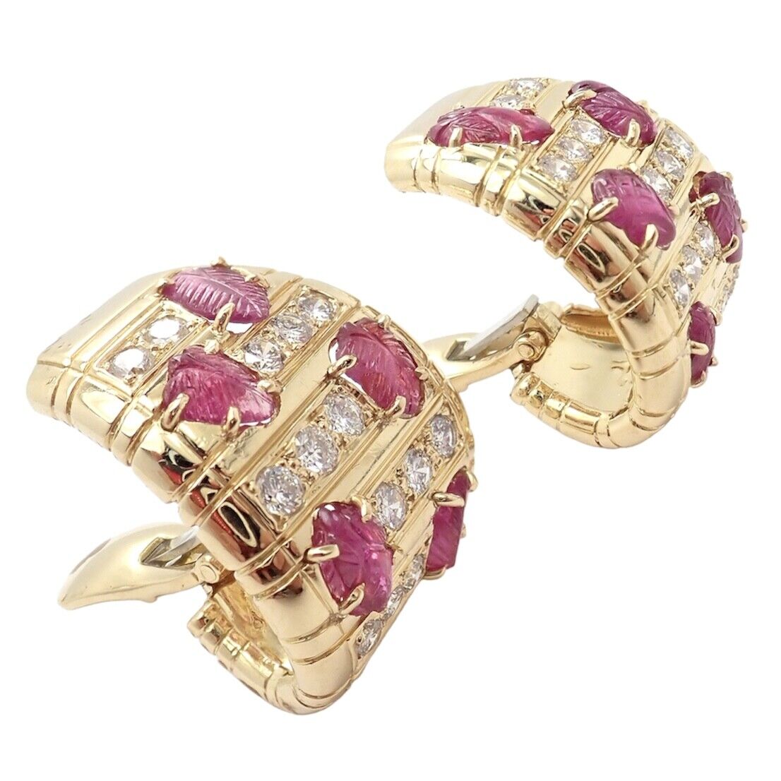 Andrew Clunn Jewelry & Watches:Fine Jewelry:Earrings Rare Vintage! Andrew Clunn 18k Yellow Gold Diamond Carved Leaf Ruby Earrings