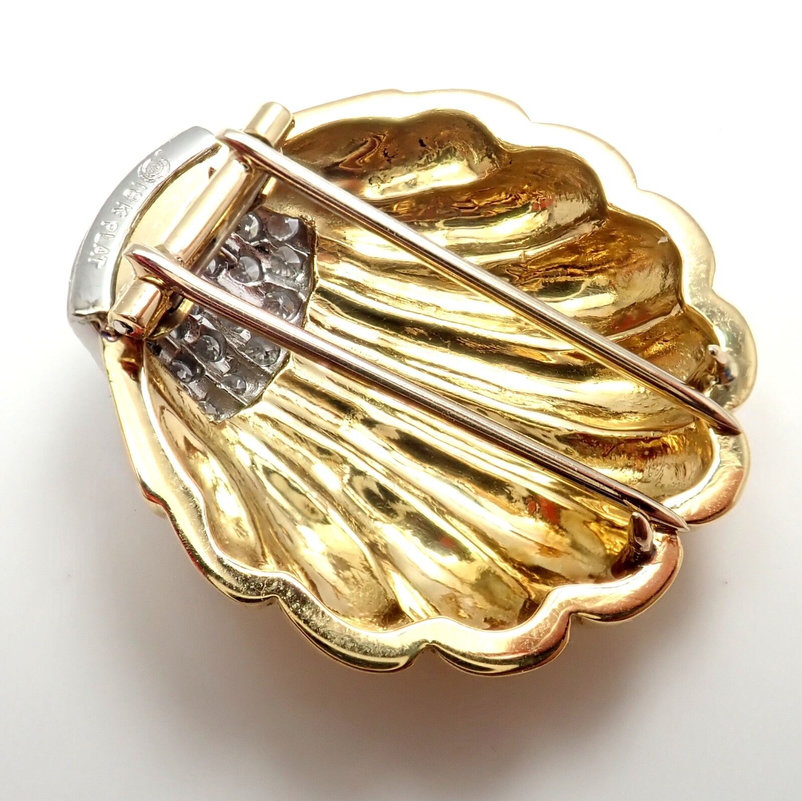 Estate Jewelry & Watches:Fine Jewelry:Brooches & Pins Vintage! Estate 18k Yellow Gold + Platinum Diamond Sea Shell Scallop Brooch Pin