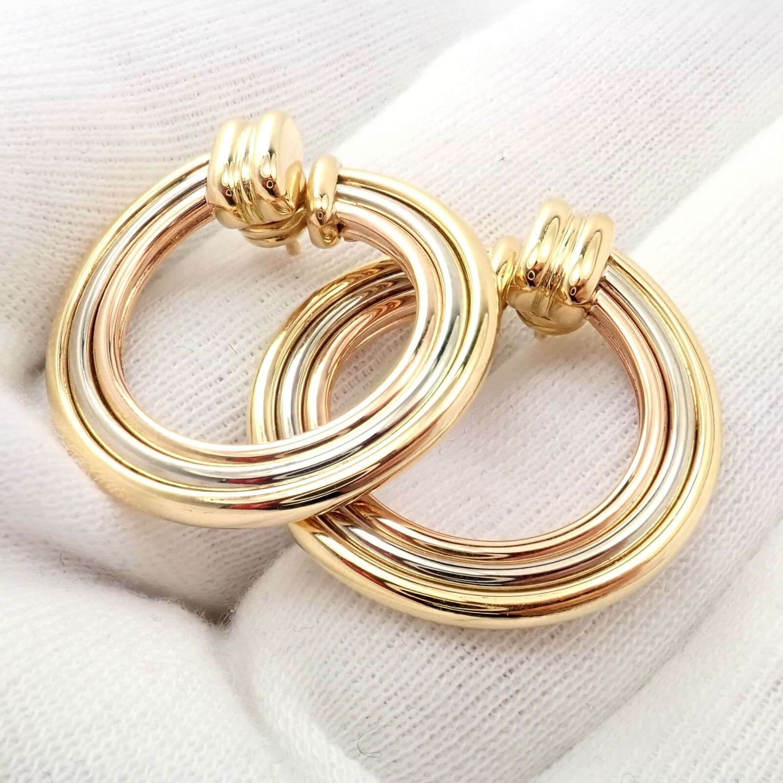 Cartier Jewelry & Watches:Fine Jewelry:Earrings Authentic! Cartier 18k Tri-Color Gold Large Trinity Hoop Earrings
