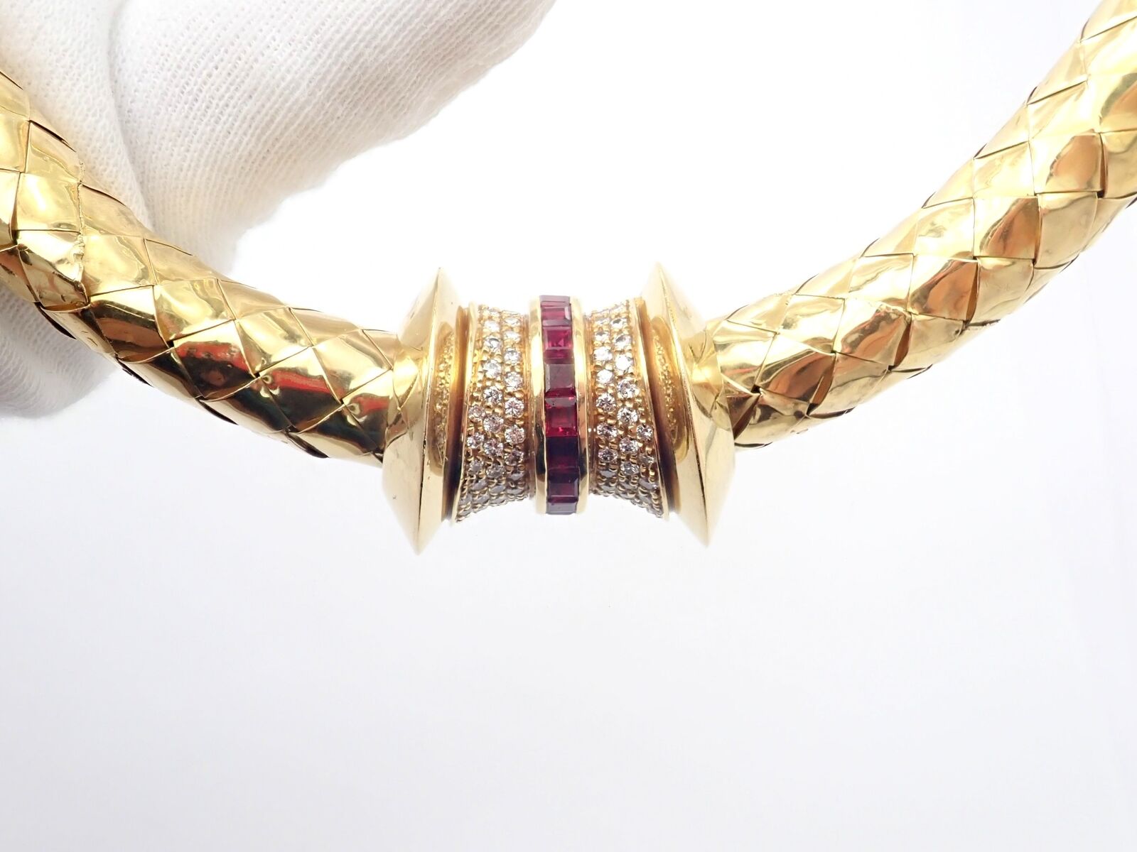 Unbranded Jewelry & Watches:Fine Jewelry:Necklaces & Pendants Rare! Estate Vintage 18k Yellow Gold Basketweave Diamond Ruby Necklace