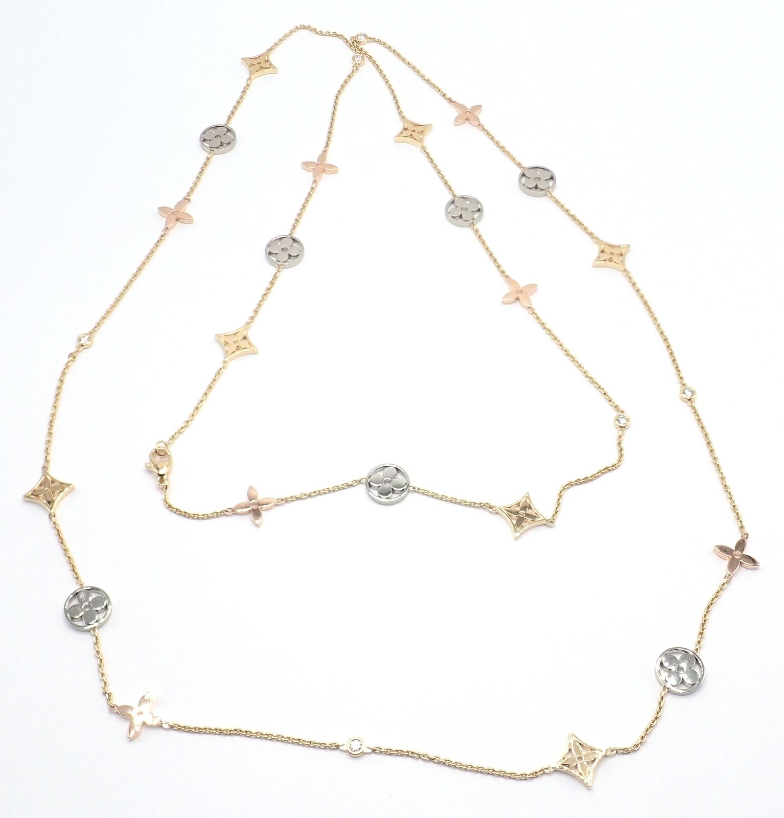 Authentic! Louis Vuitton 18k Tri-Color Gold Diamond 35 Long Link Chain  Necklace
