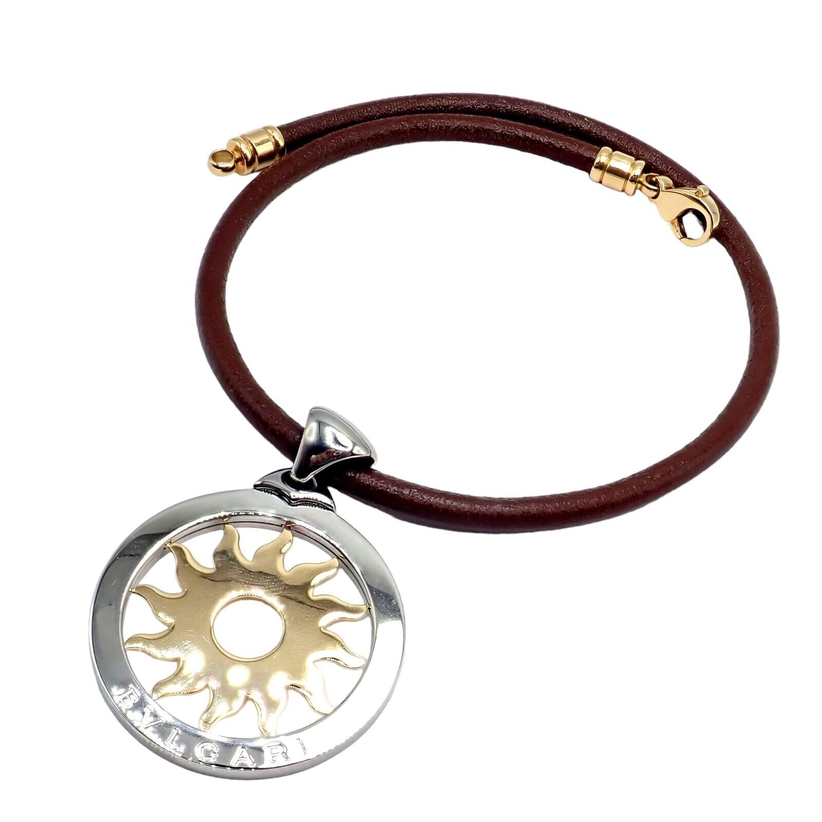 Bulgari Jewelry & Watches:Fine Jewelry:Necklaces & Pendants Authentic! Bulgari Tondo Sun 18k Gold Steel Extra Large Pendant Leather Necklace
