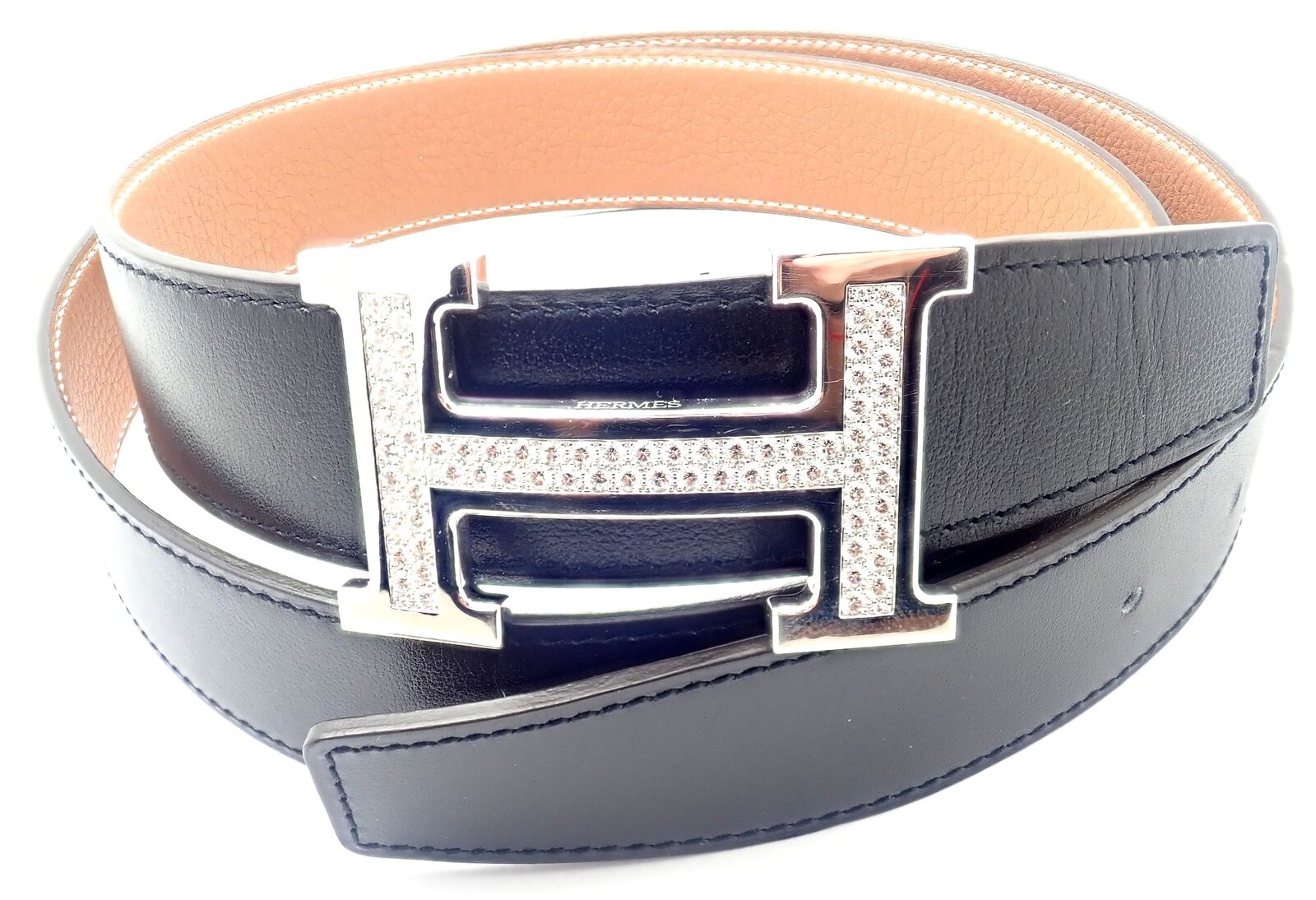 Authentic! Hermes 18k White Gold 3.79ct Diamond Large H Buckle & Reversible  Belt