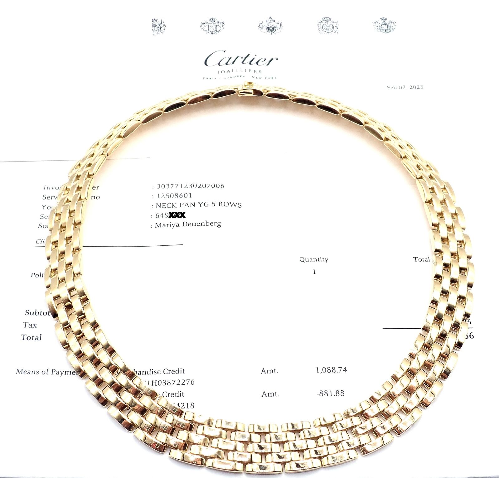 Authentic Cartier Maillon Panthere Five Row 18k Yellow Gold Necklace Paper